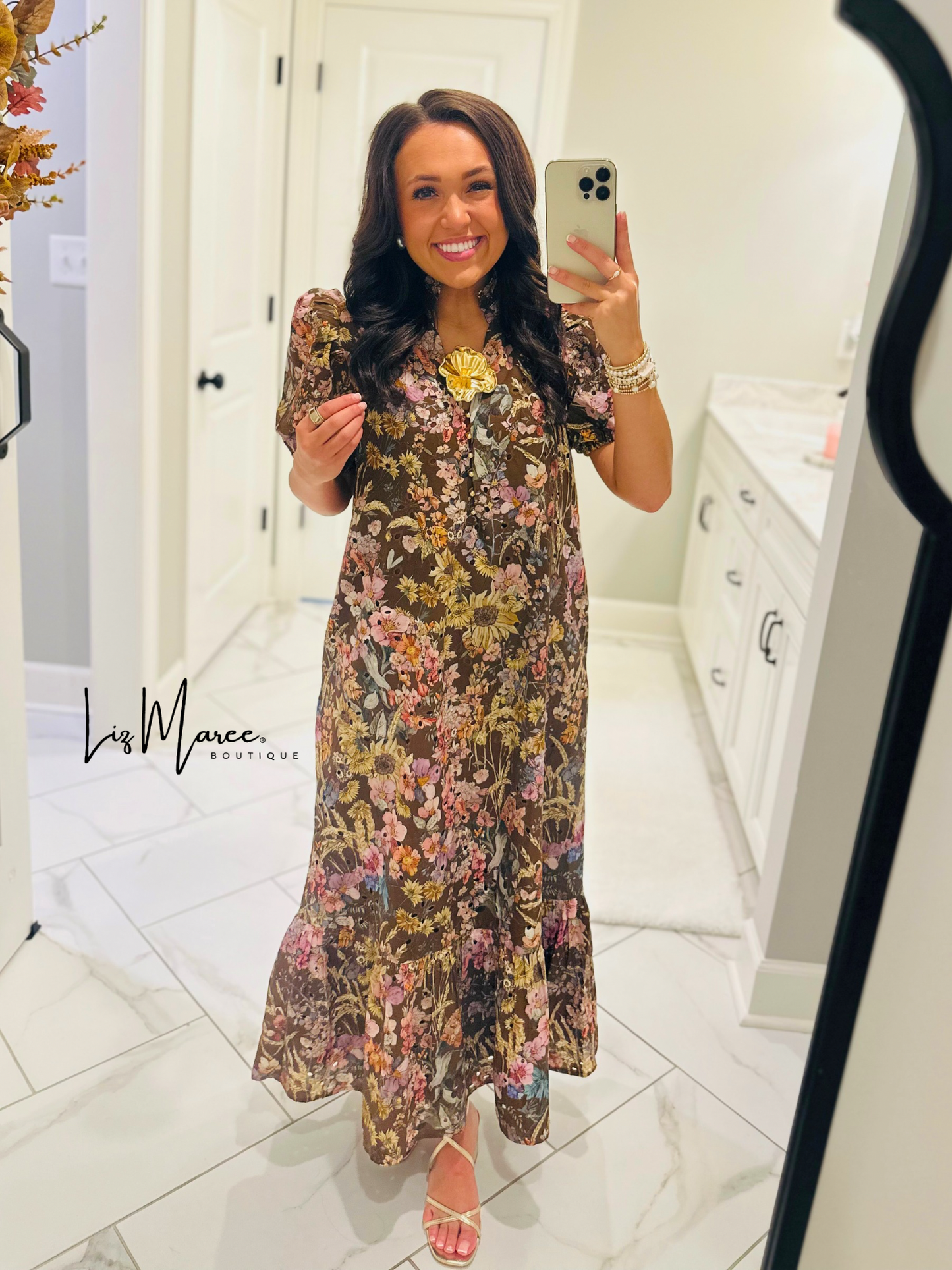 The Nadine Brown Floral Eyelet Midi Dress