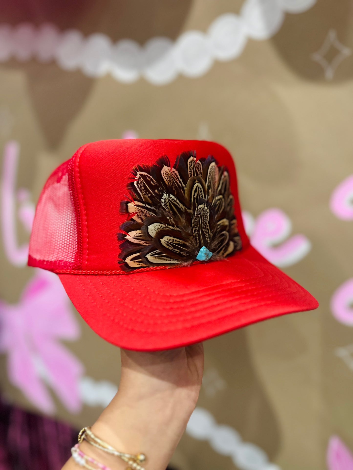 Red Feather + Turquoise Stone Trucker Hat