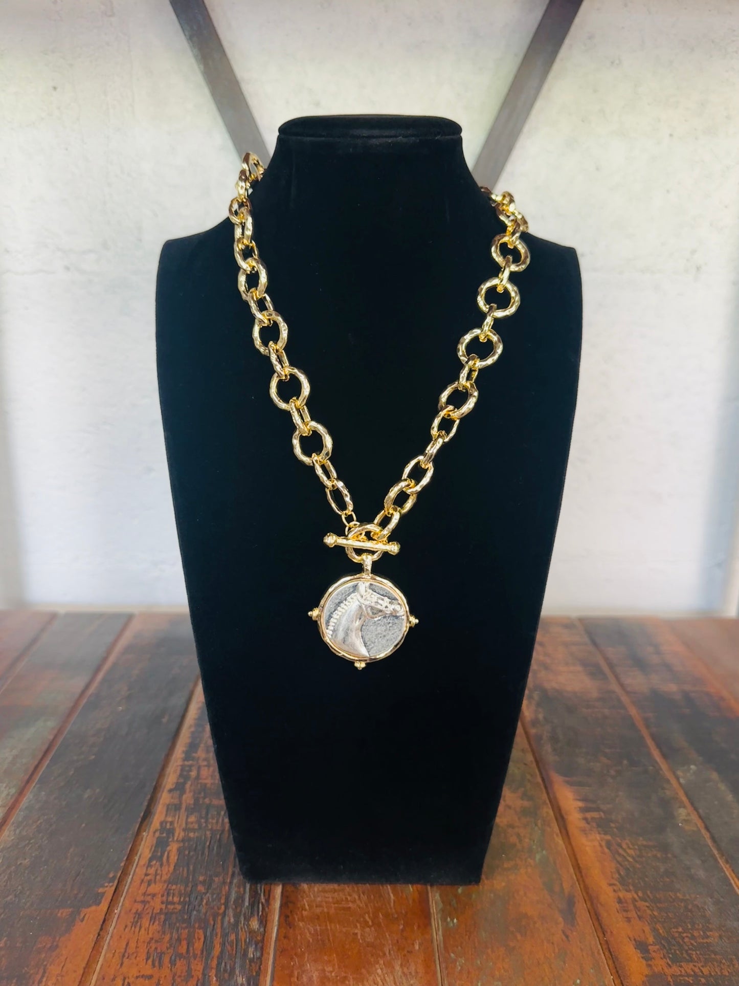 Gold + Silver Horse Round Pendant Necklace