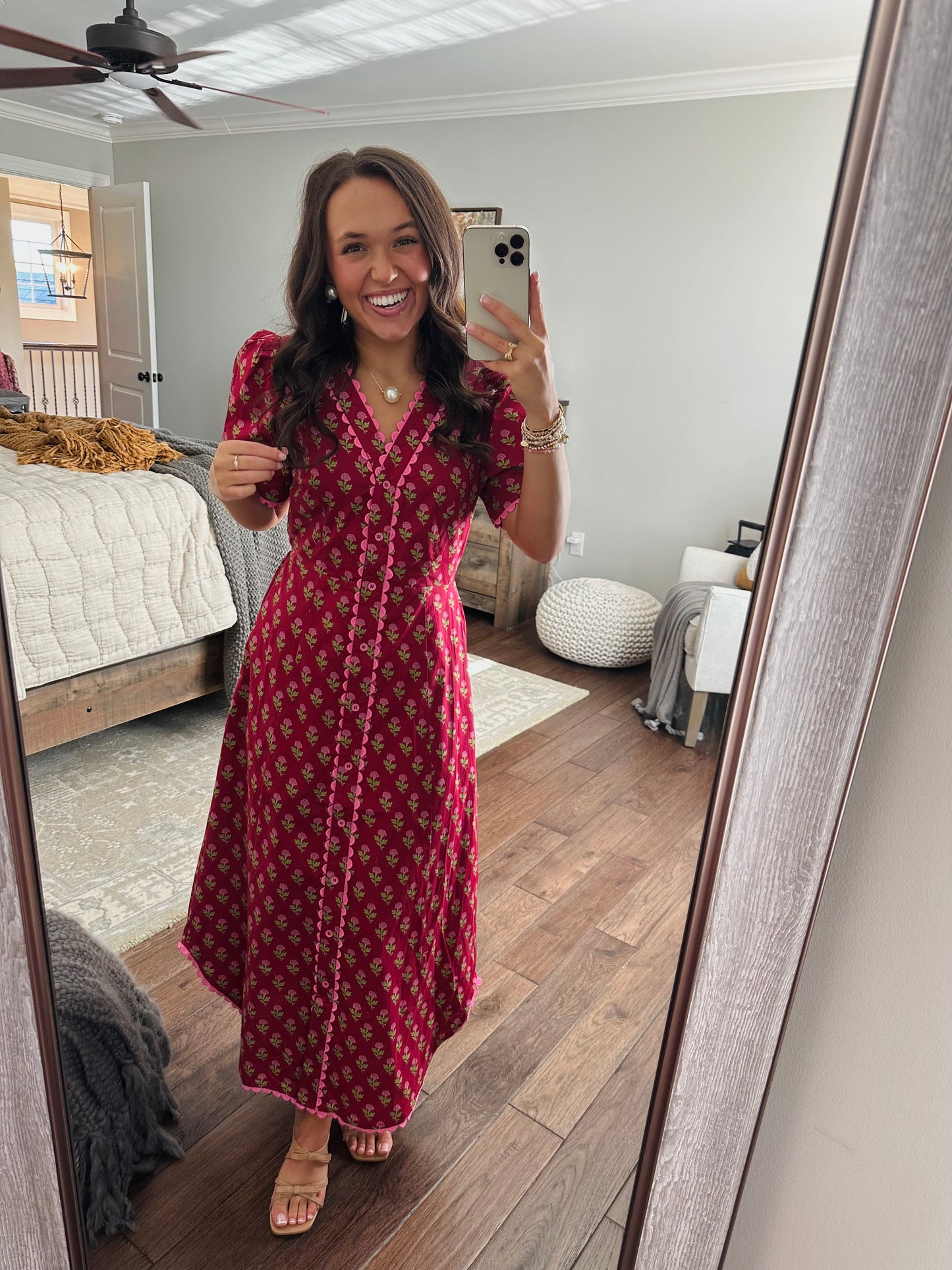 The Charlotte Burgundy Floral Scallop Trim Midi Dress