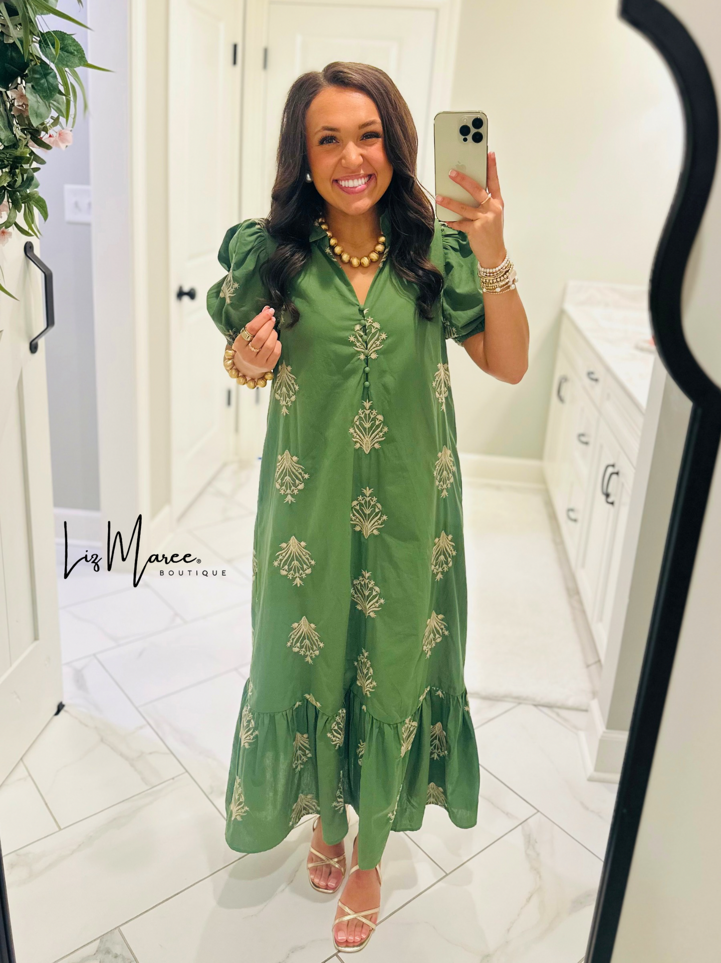 The Nola Olive Green Botanical Embroidered Midi Dress
