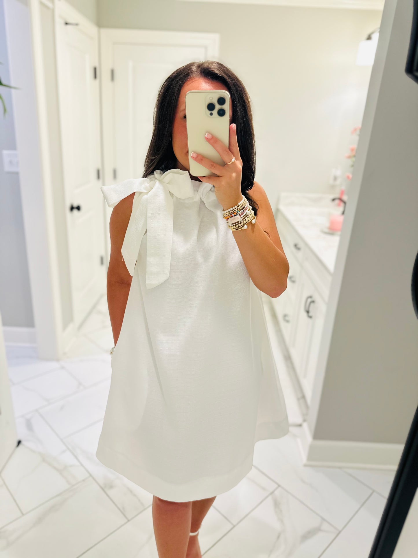 The Elizabeth White Tie Neck Shift Dress