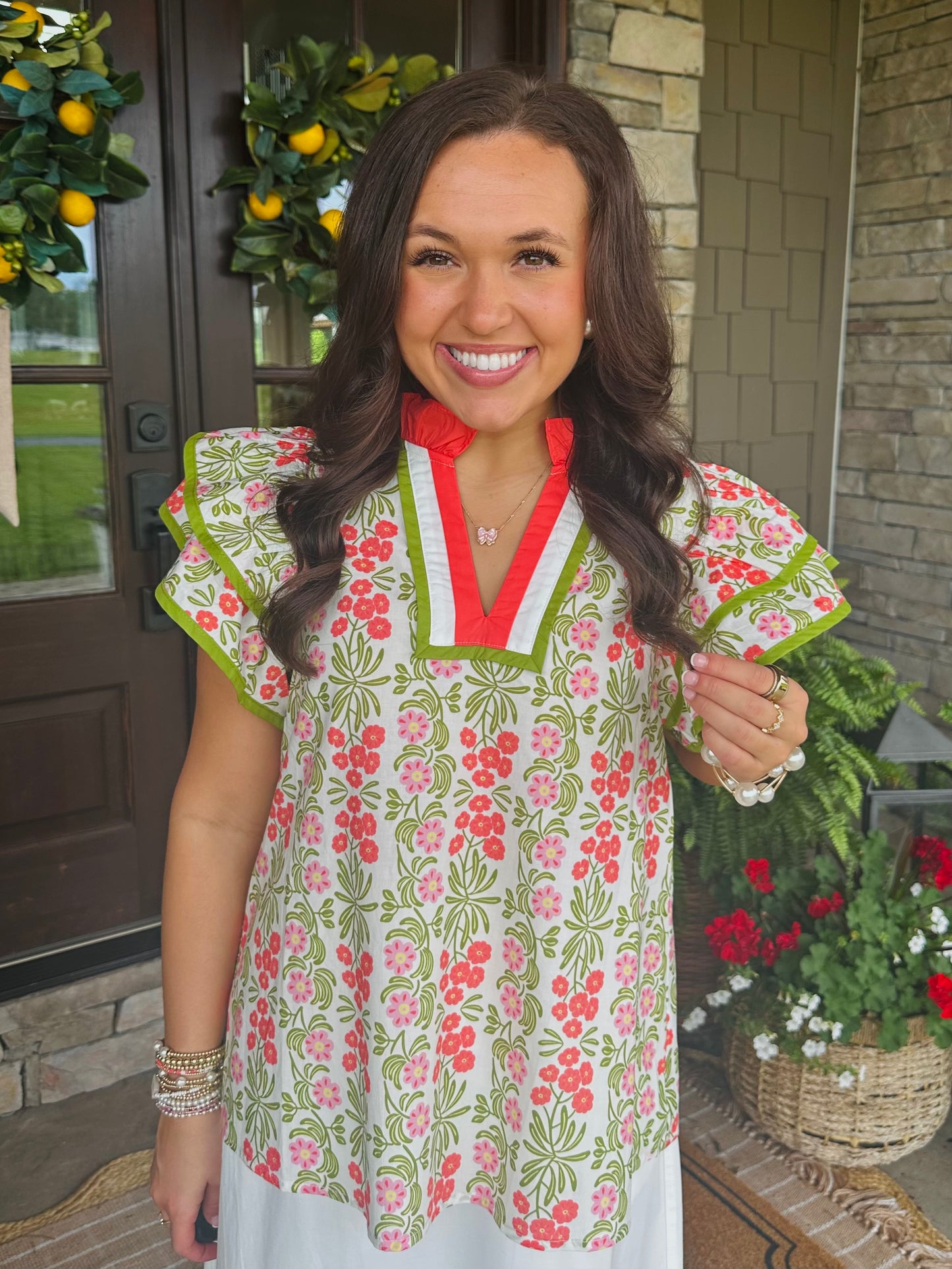 The Cora Green + Coral Floral Top