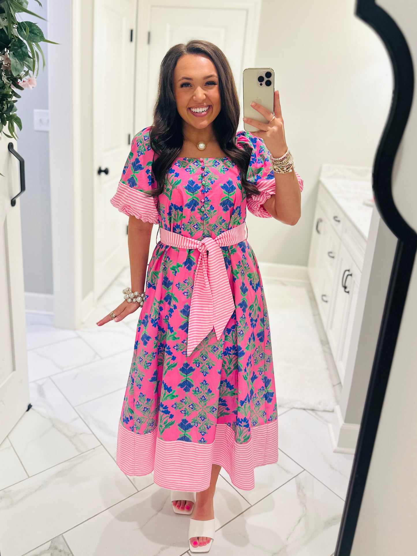 The Harlee Pink Botanical Midi Dress