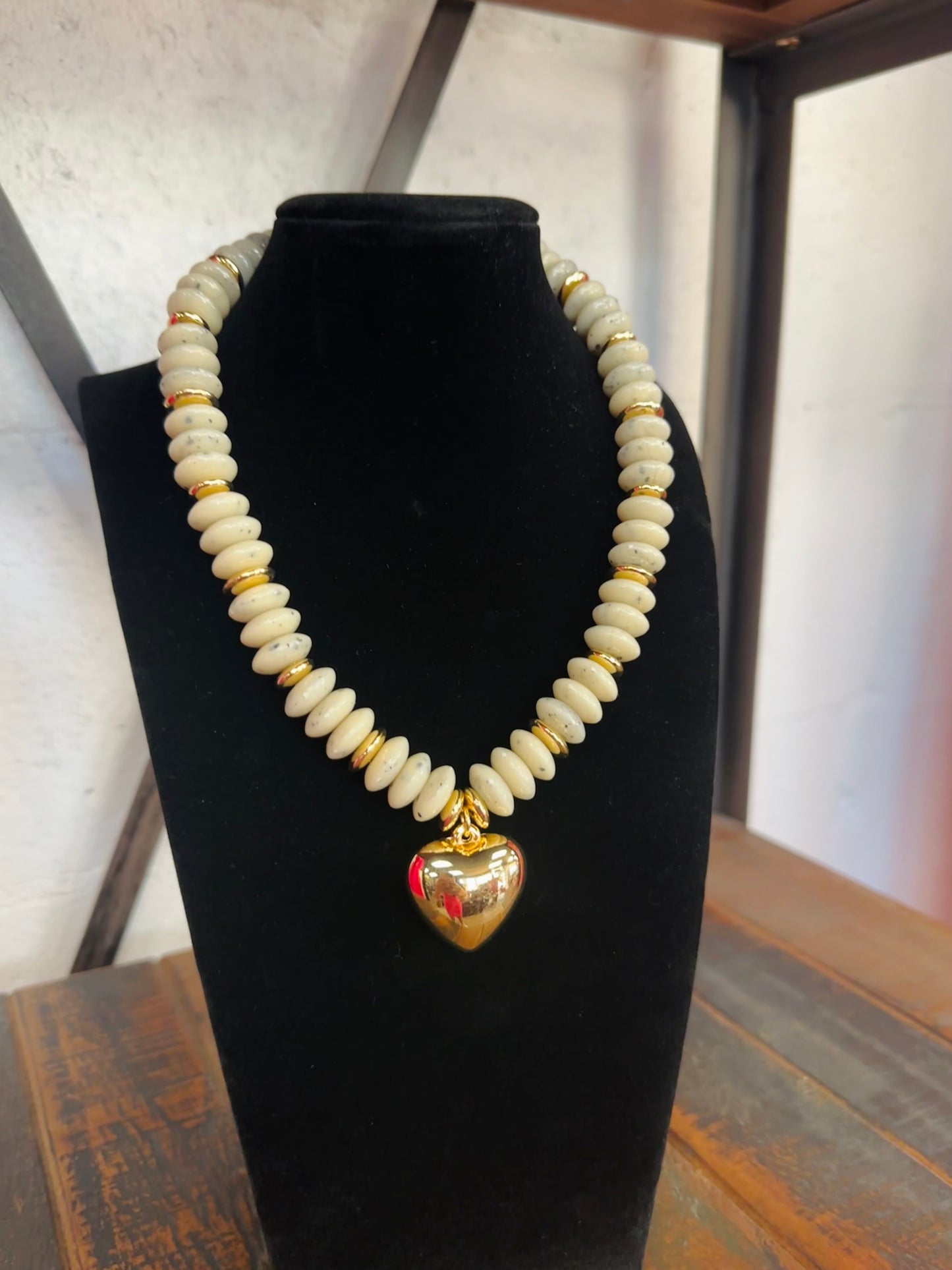 Beige + Gold Wide Bead Puffy Heart Necklace
