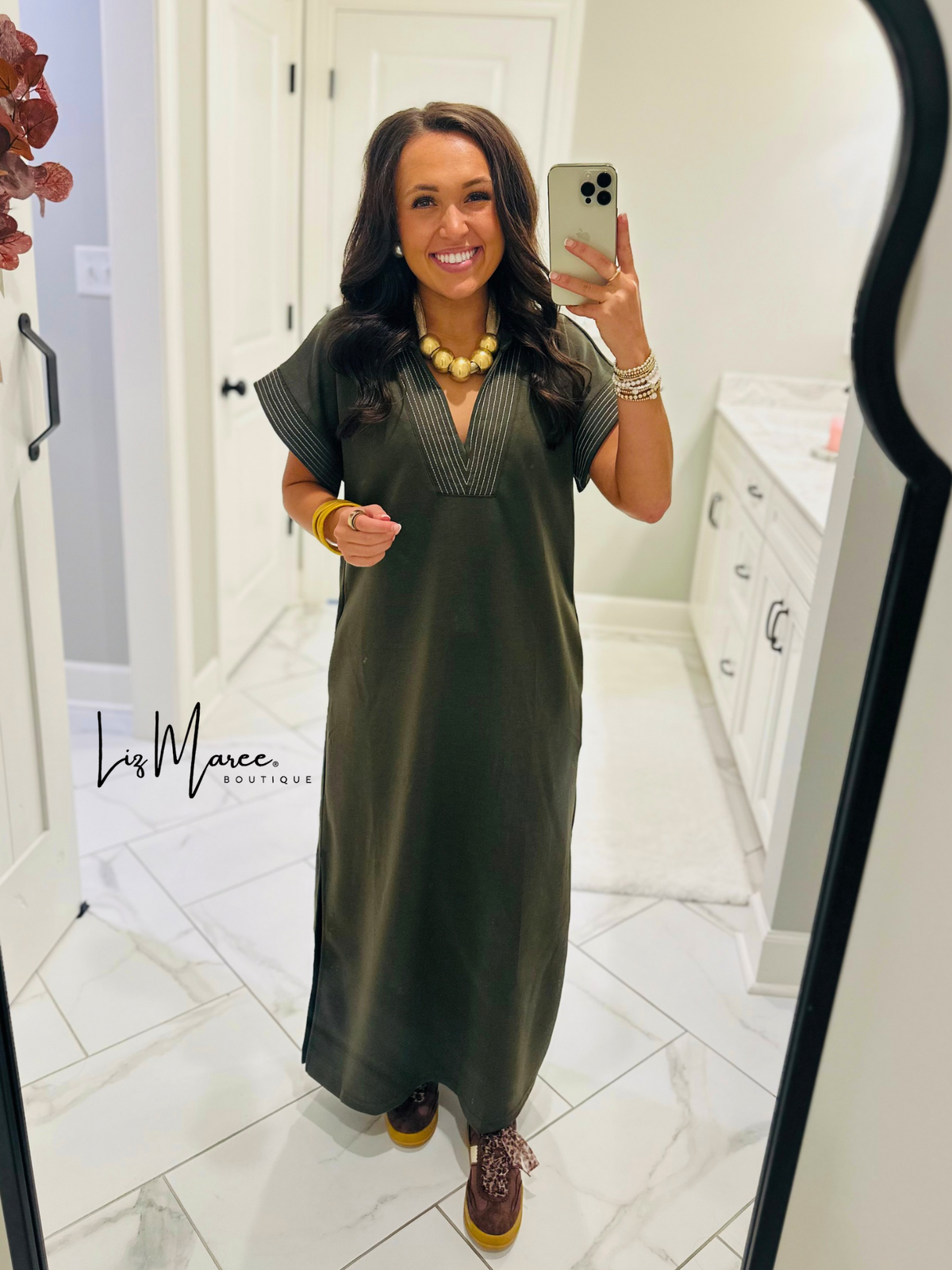 The Parker Olive Collared Stitch Midi Dress