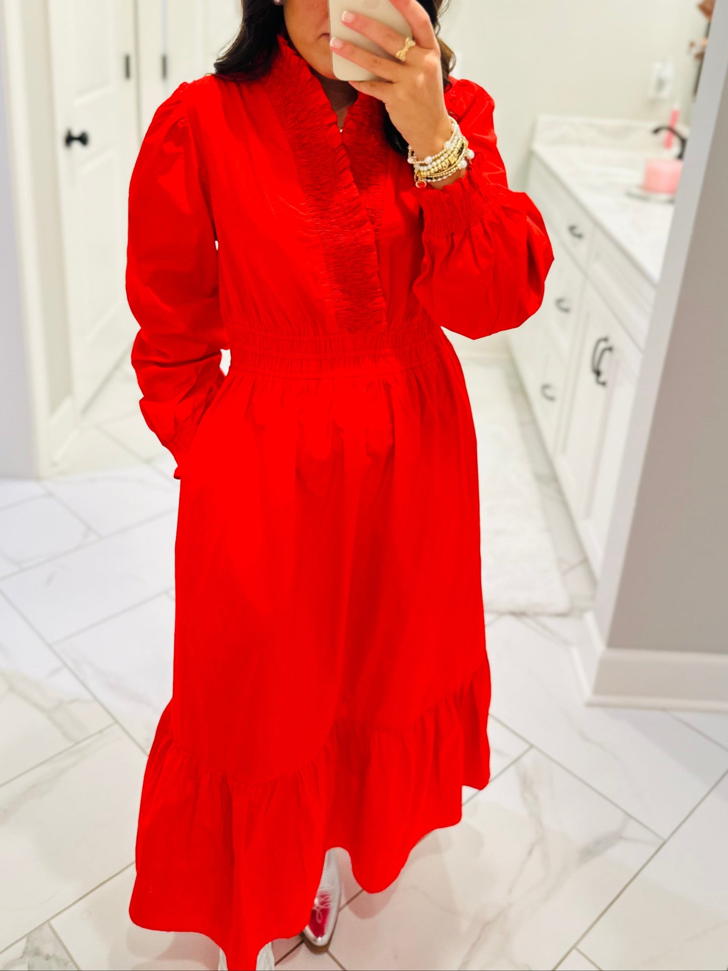 The Rudy Red Long Sleeve Midi Dress