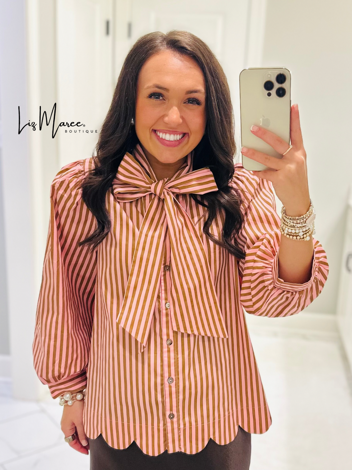 The Shelby Pink + Brown Striped Bow Top