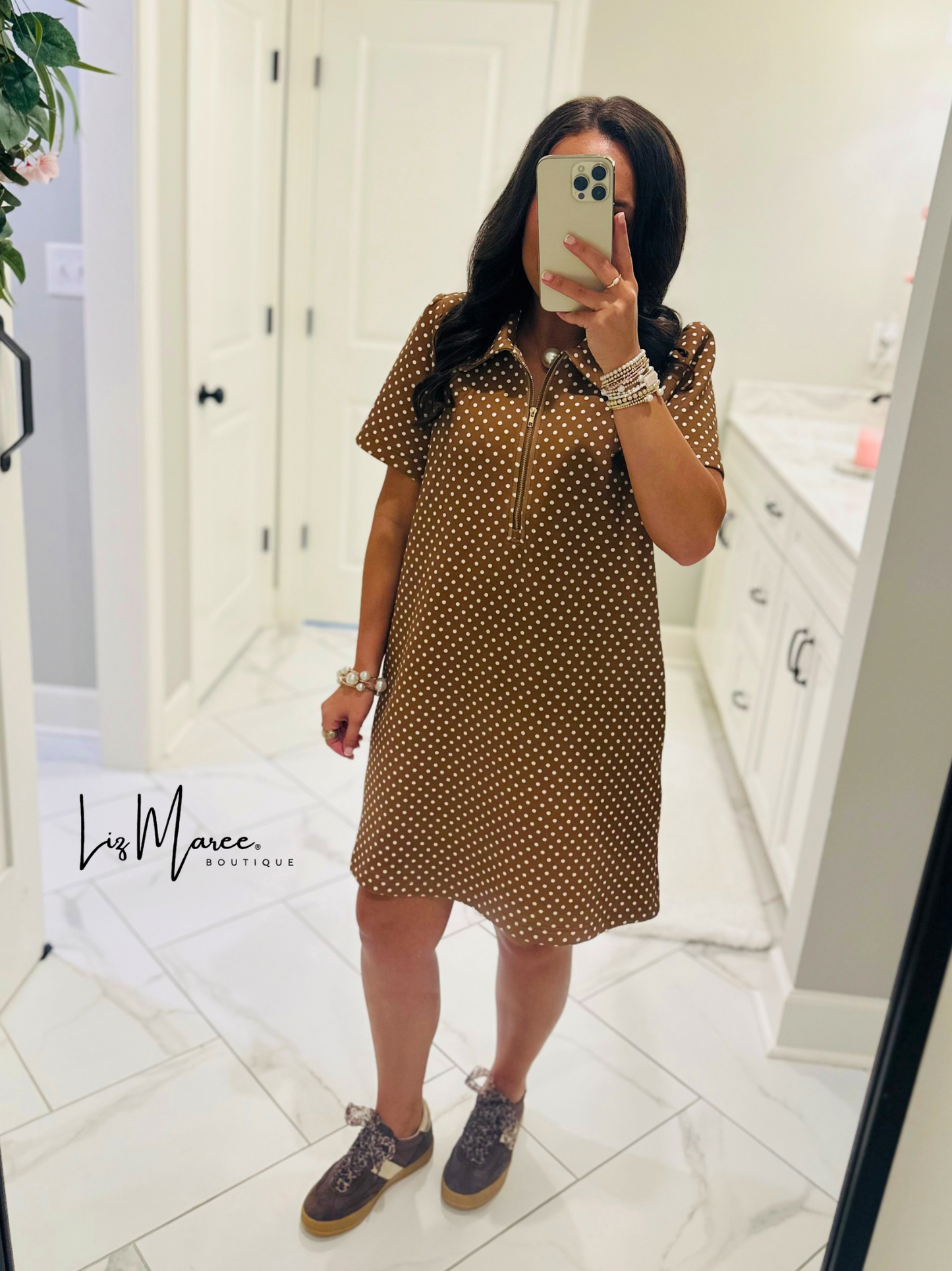 The Hadley Caramel Brown Polka Dot Quarter Zip Dress