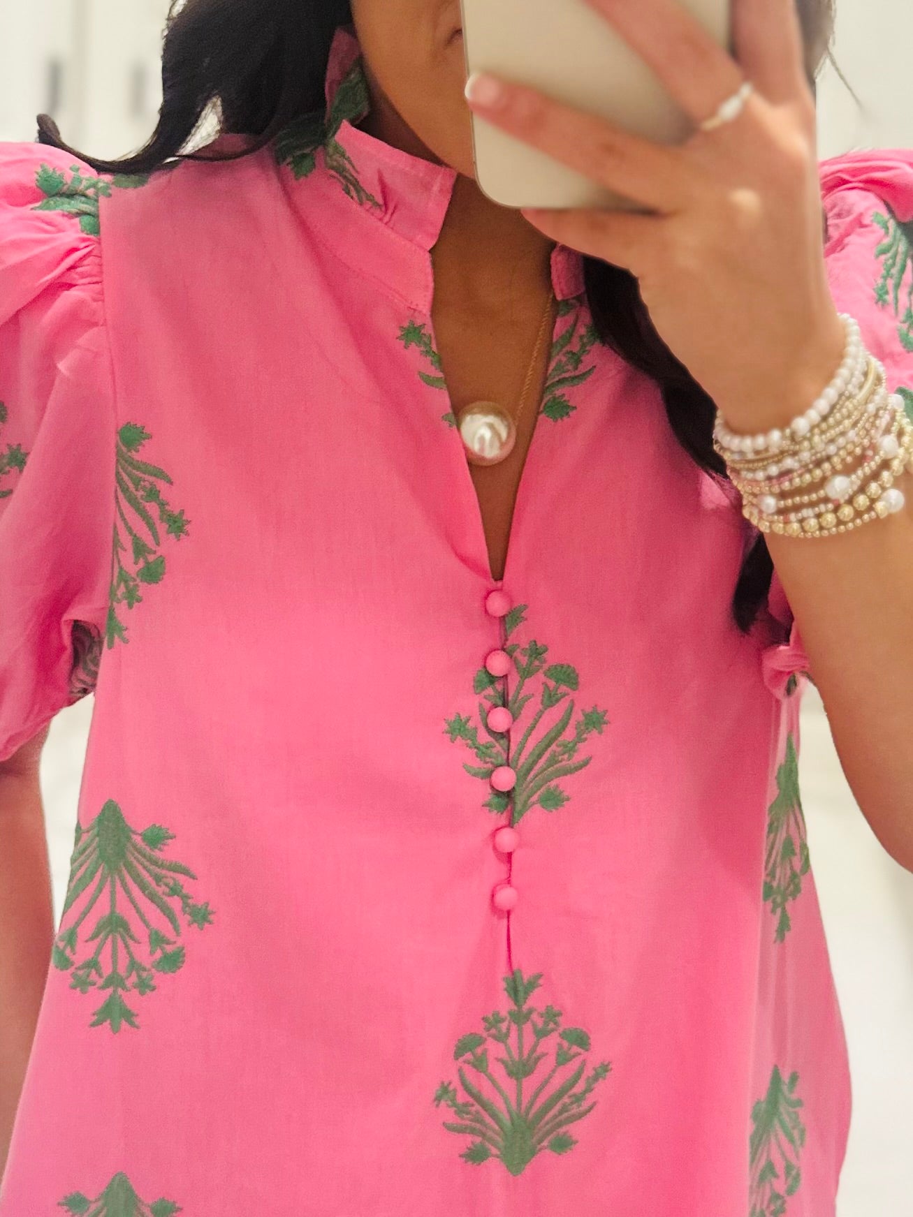 The Nola Pink + Green Botanical Embroidered Midi Dress