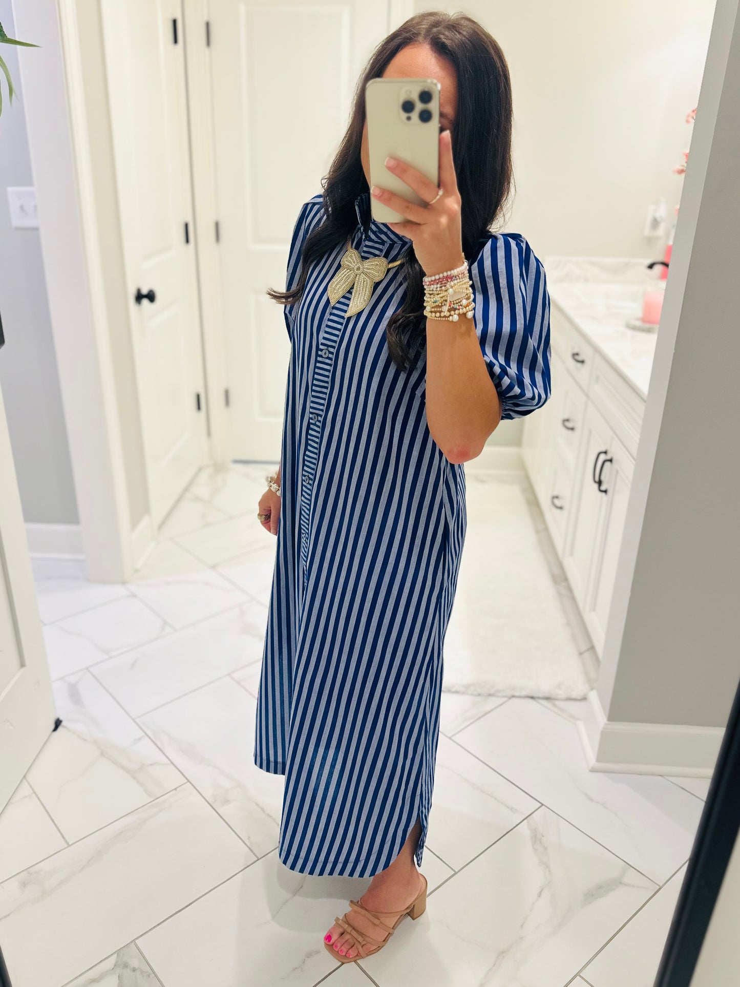The Quinn Navy Blue Striped Midi Dress