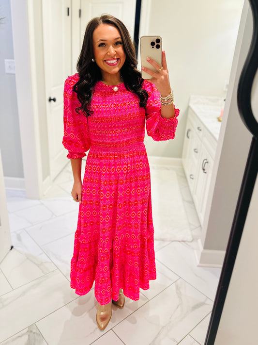 The Mira Ikat Ludlow Smocked Midi Dress