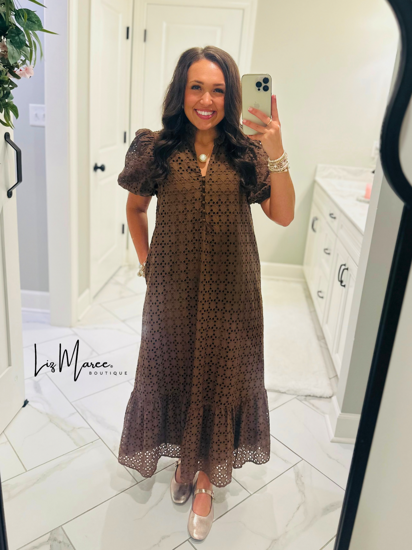 The Liz Brown Eyelet Midi Dress