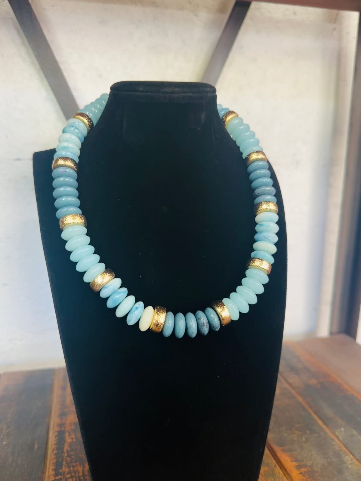 Turquoise + Gold Wide Bead Necklace