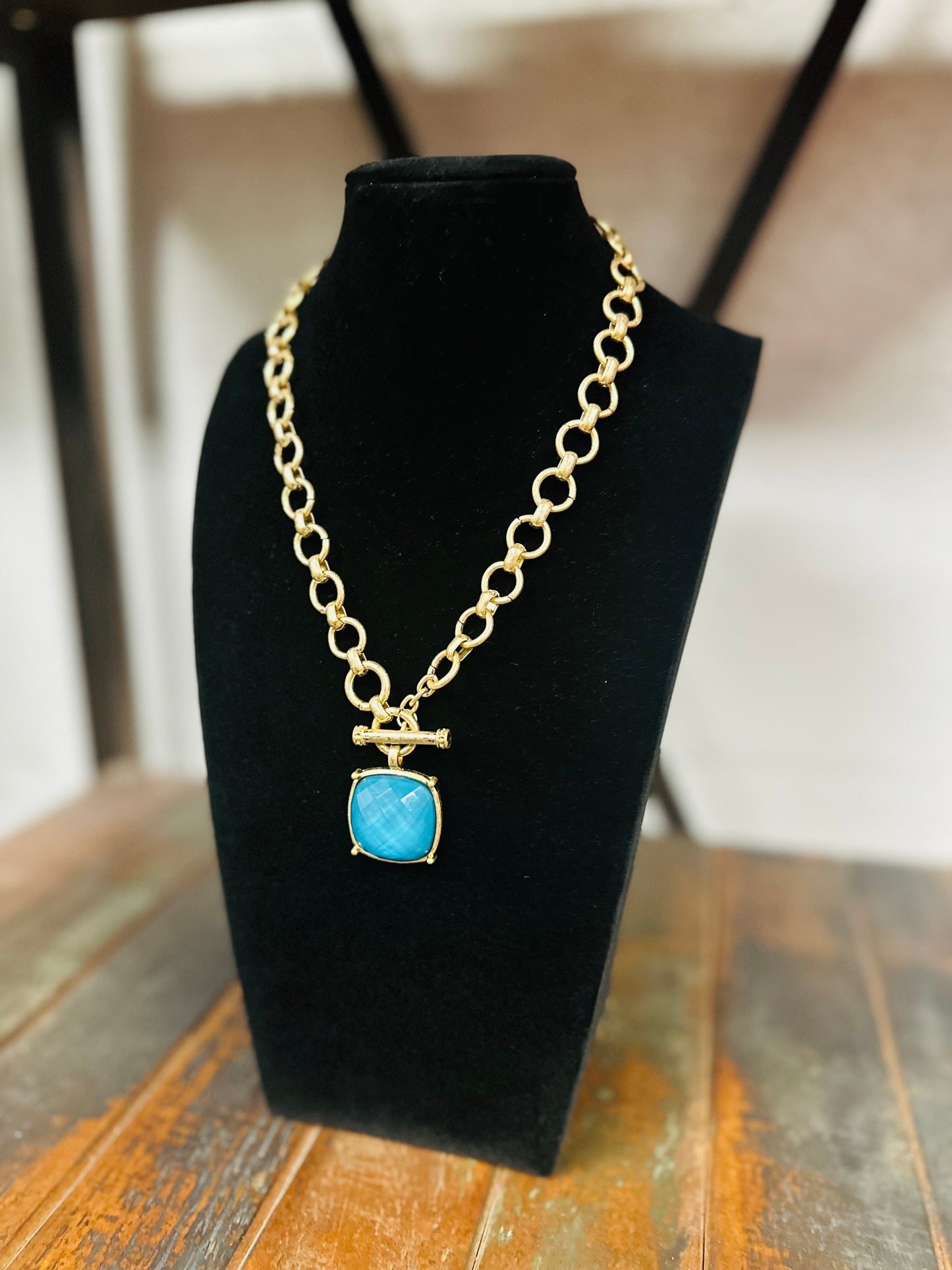Teal Square Stone Pendant Necklace