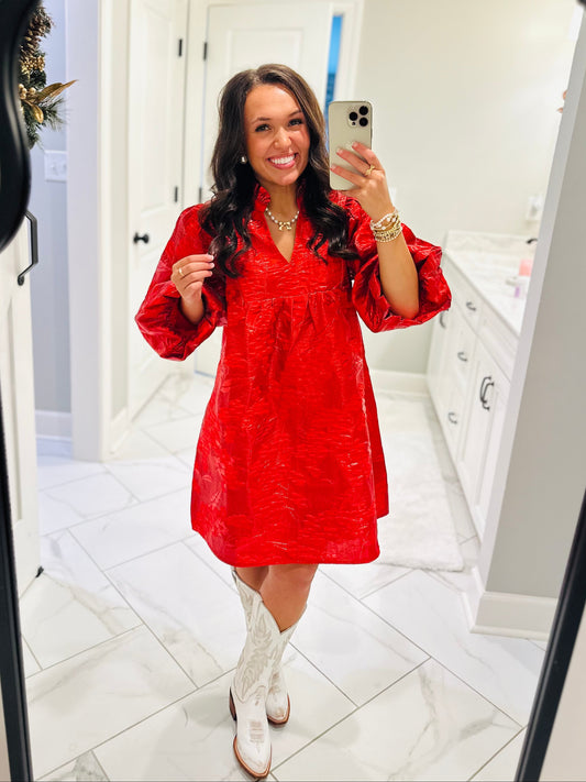 The Clara Red Jacquard Shimmer Dress