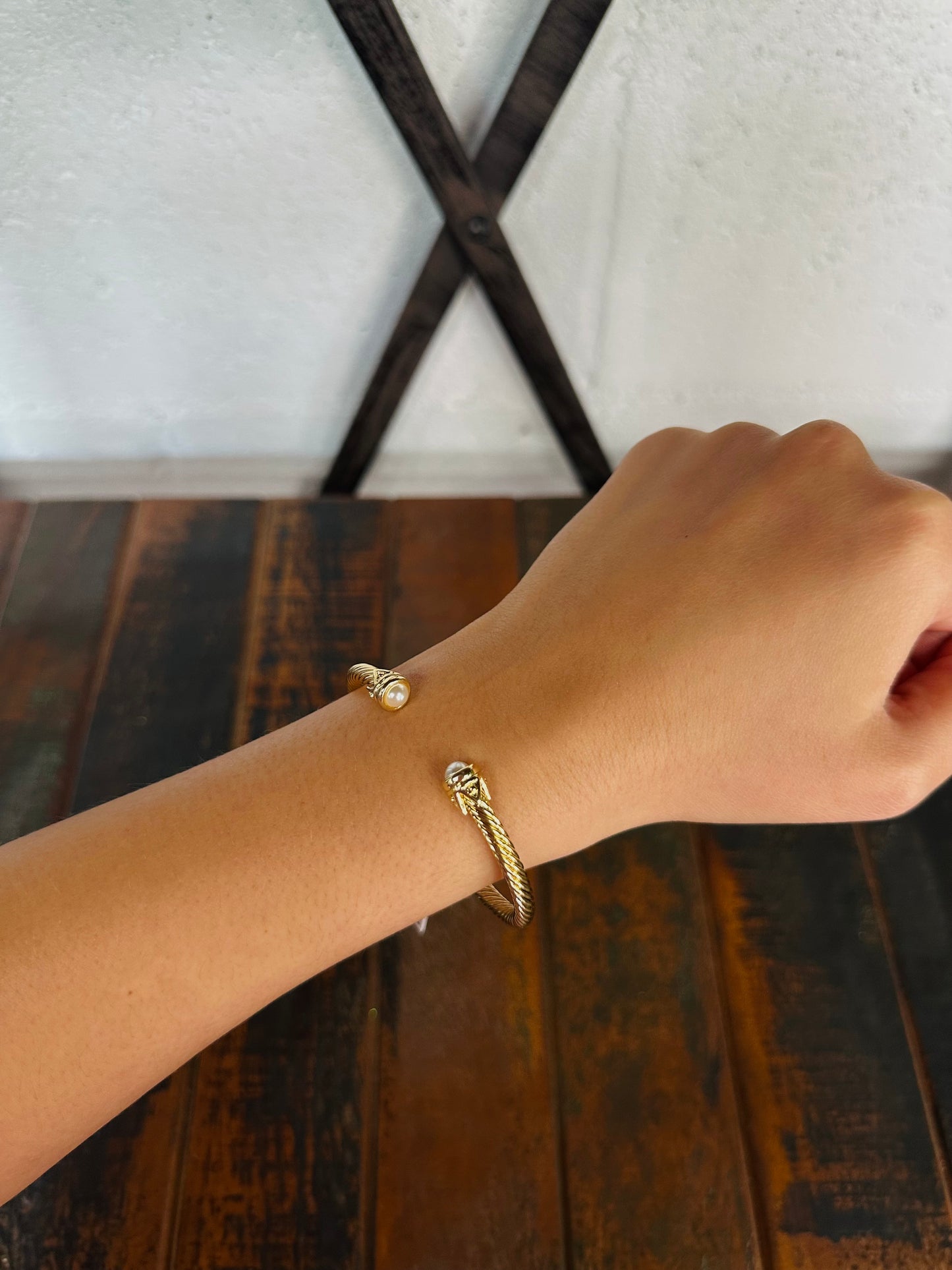 Gold Pearl End Cable Cuff Bracelet