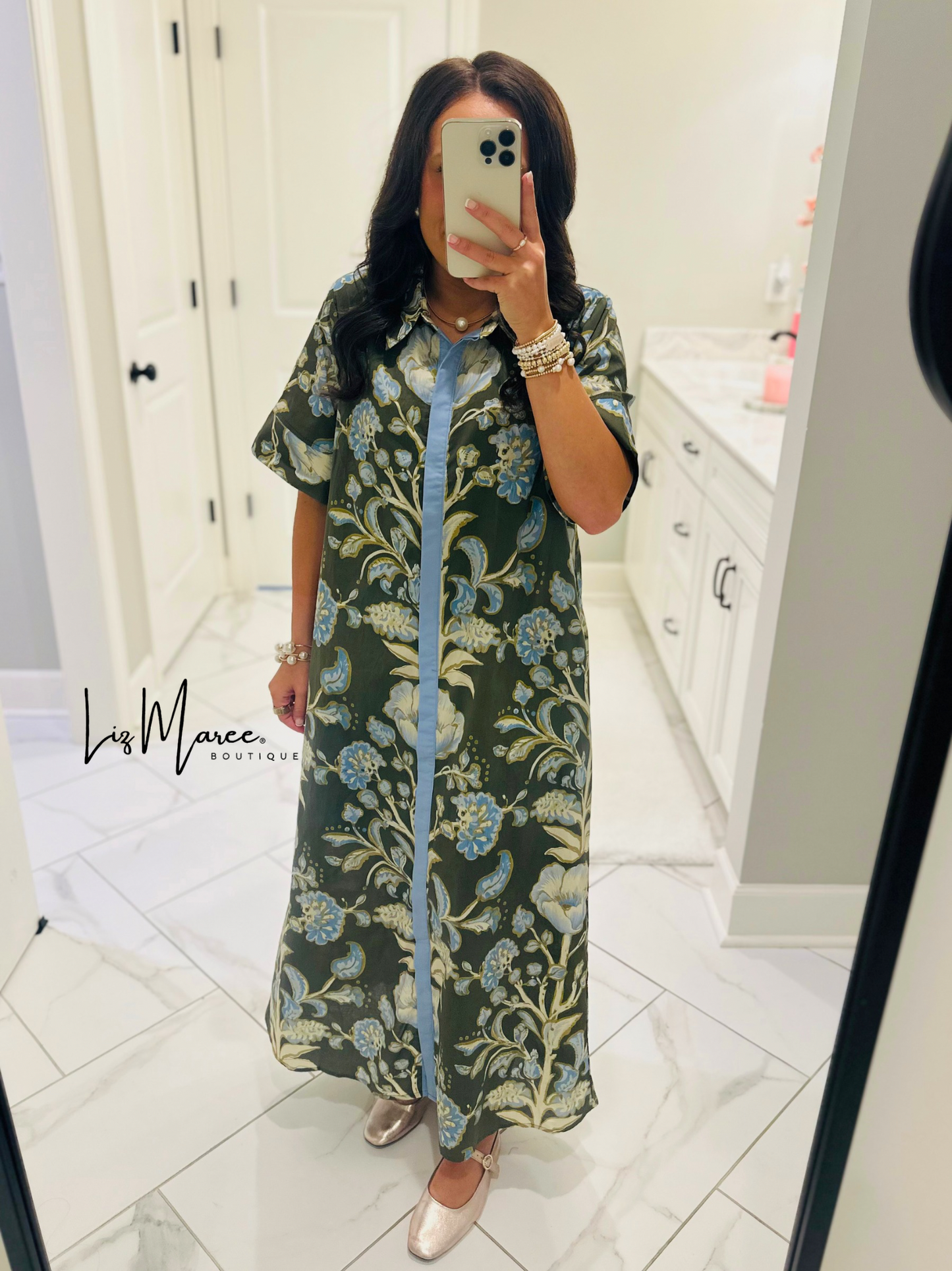 The Evie Olive Green + Blue Floral Midi Dress