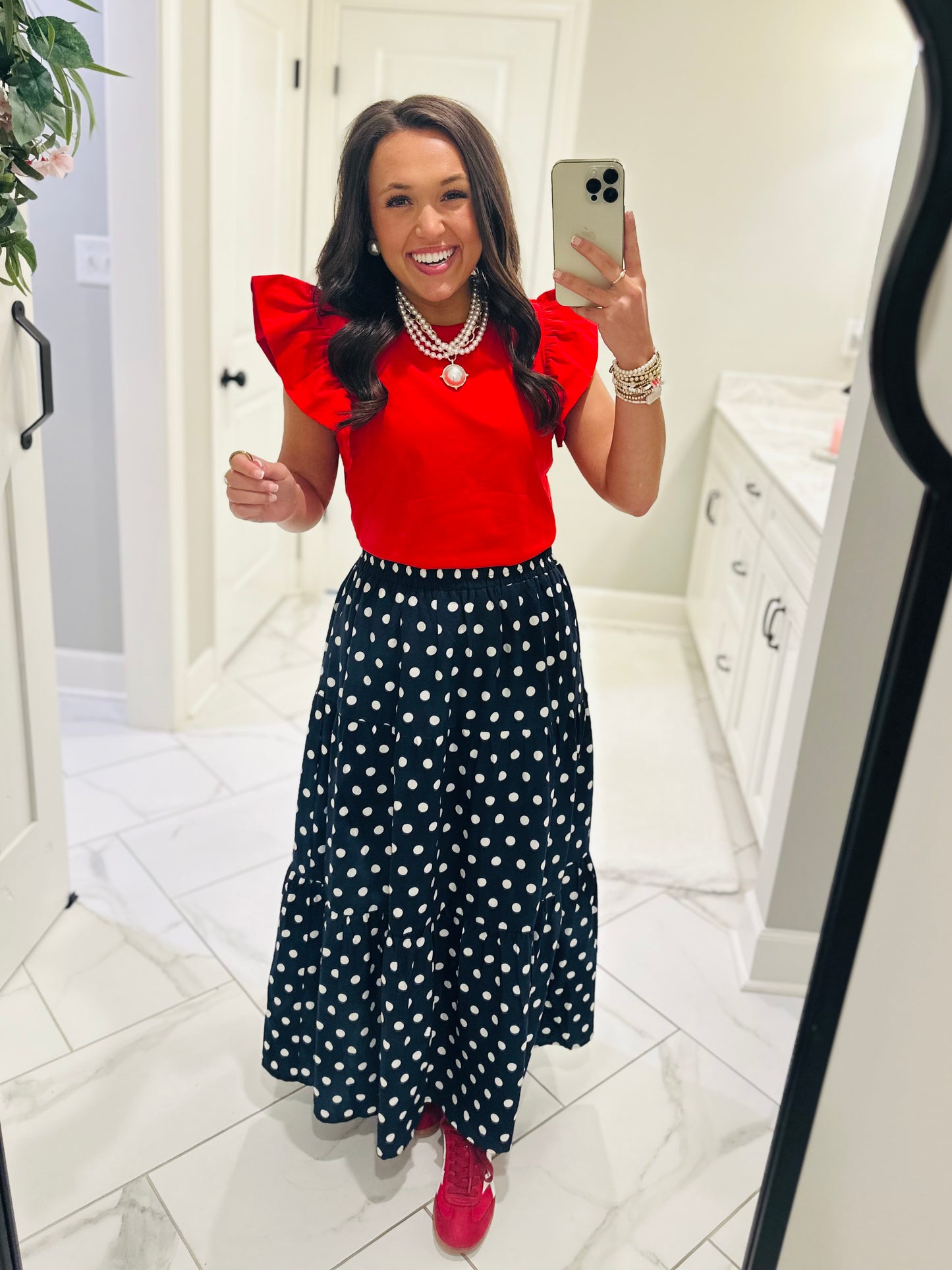The Nanci Navy Polka Dot Tiered Midi Skirt