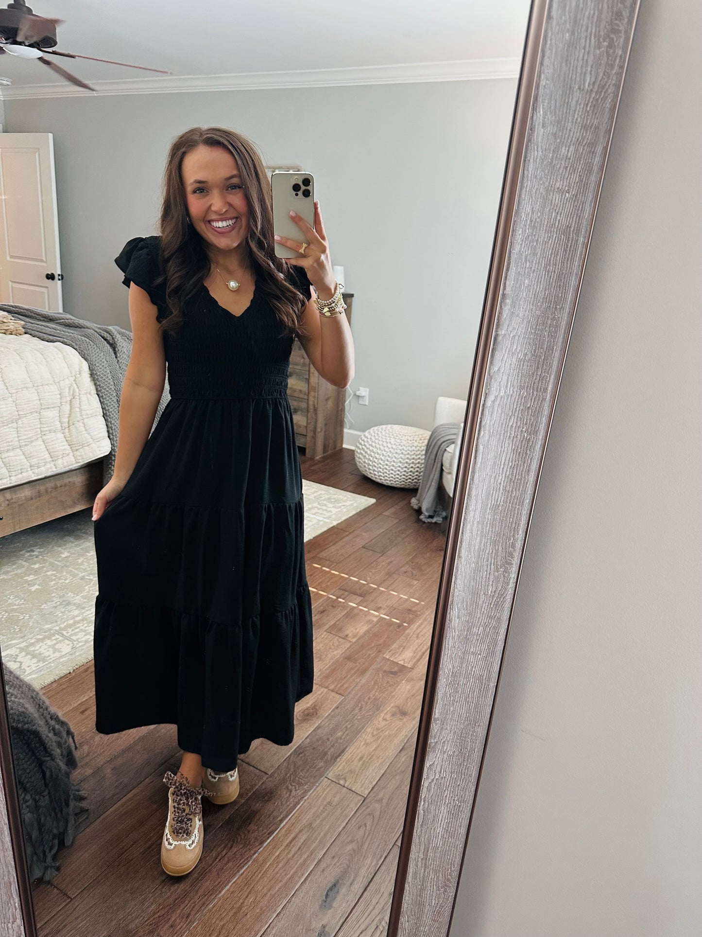 The Maple Black Flutter Sleeve Smocked Midi Dress