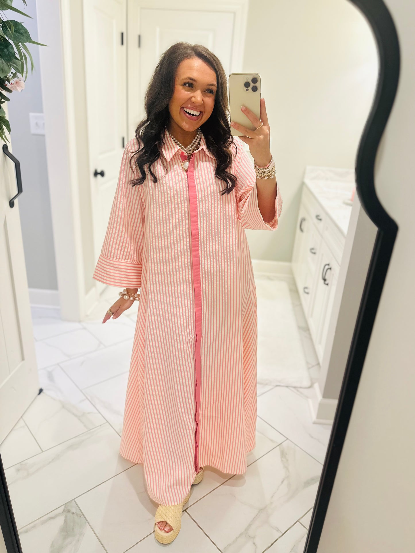 The Nora Pink Striped Midi Dress