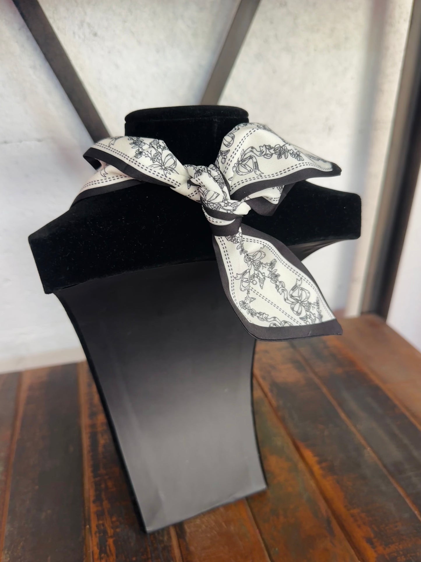 Black Bow Floral Silk Scarf + Gold Bow Pendant