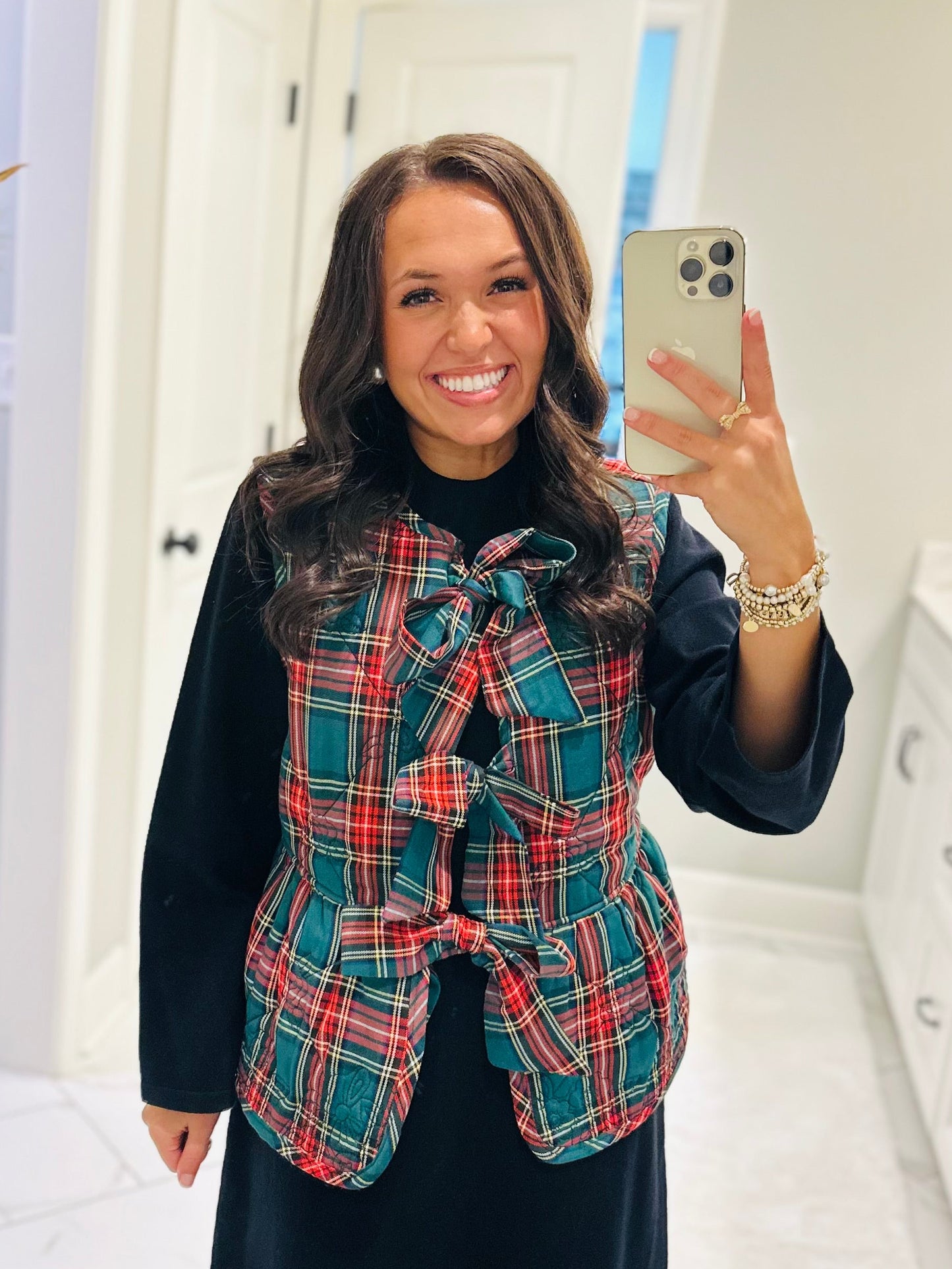 The Charity Green Plaid Quilted Bow Vest