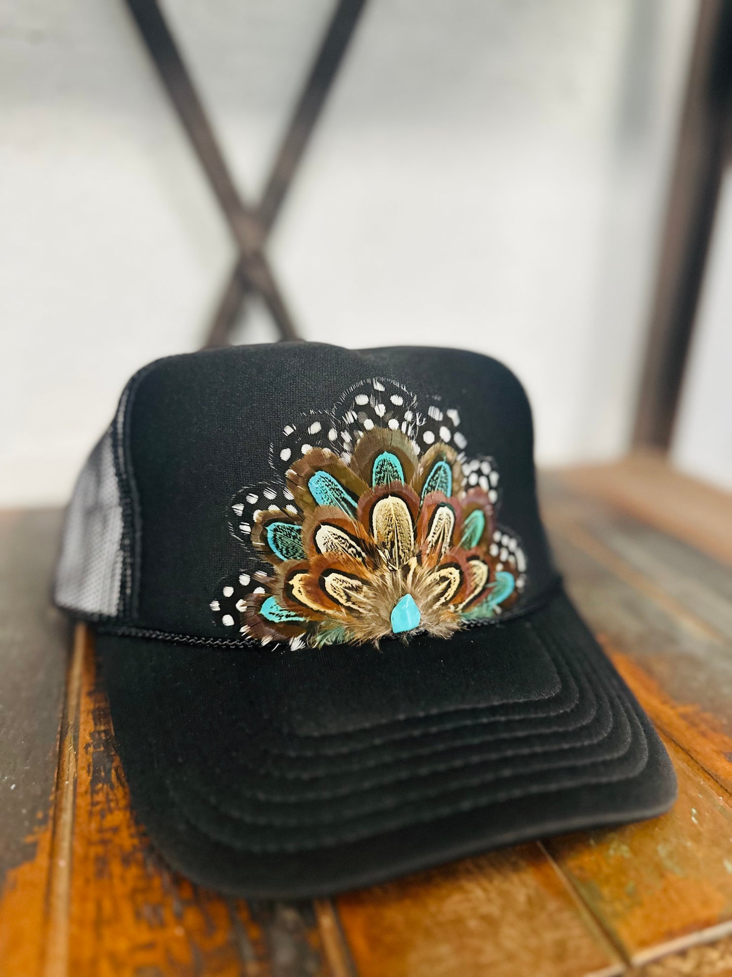 Black & Turquoise Feather + Turquoise Stone Trucker Hat