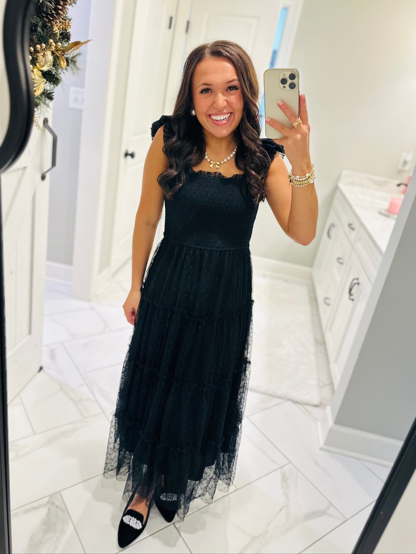 The Noelle Black Polka Dot Chiffon Smocked Midi Dress