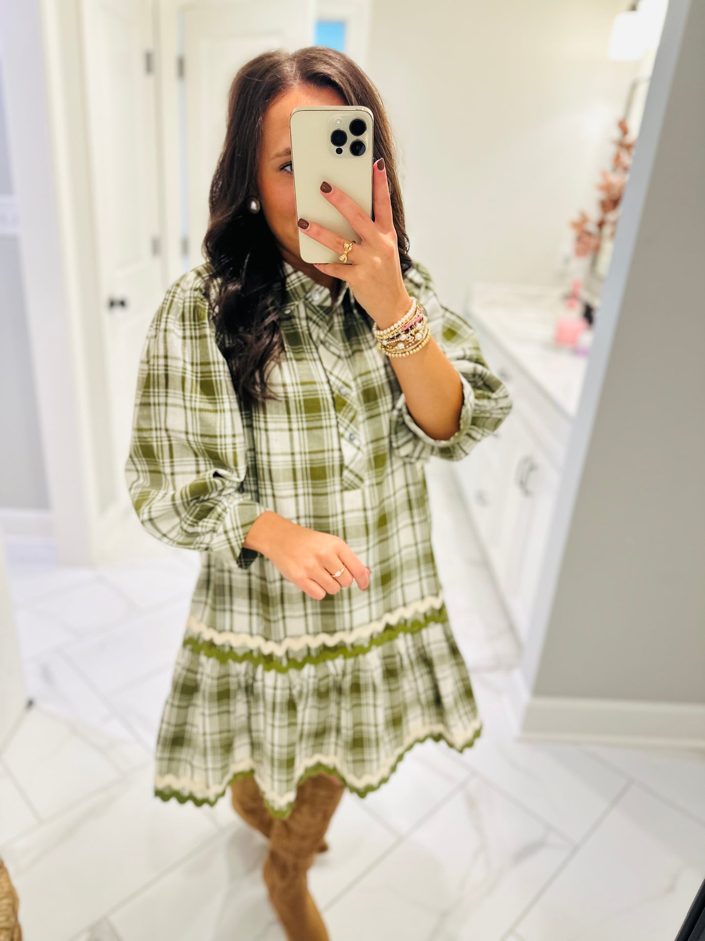 The Gale Olive Green Plaid Dress