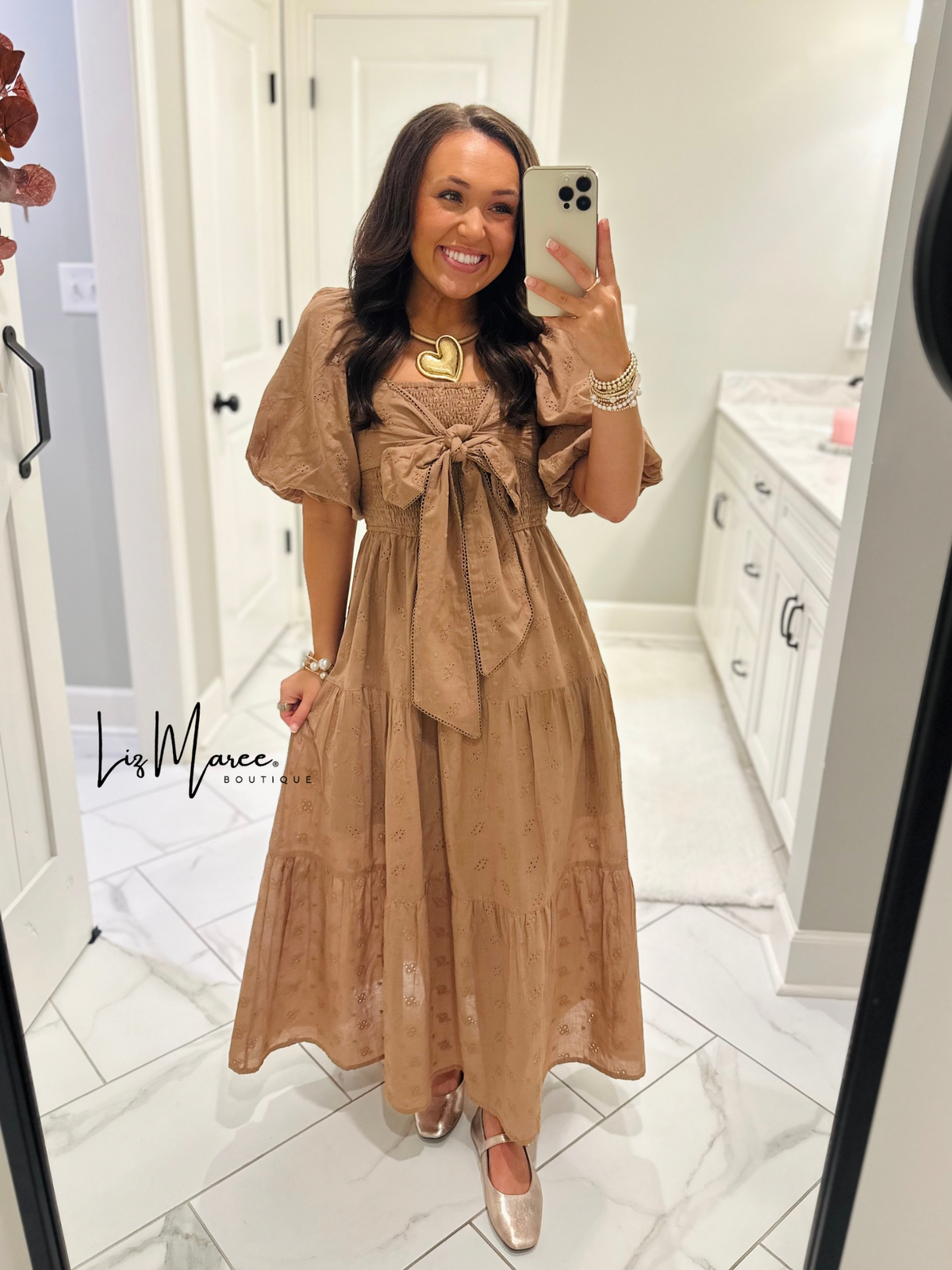 The Isabelle Light Brown Eyelet Bow Midi Dress