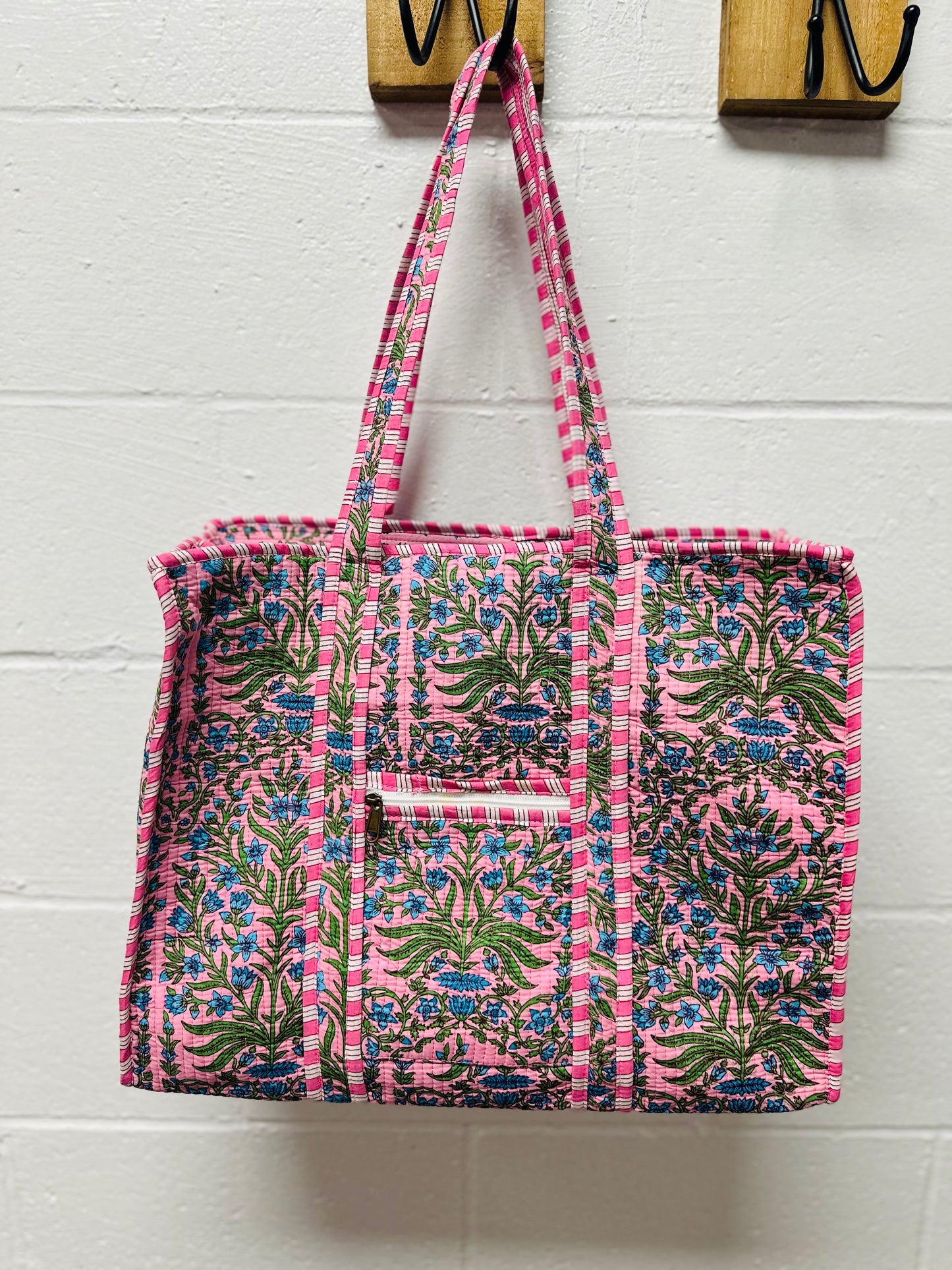The Pink & Green Floral Quilted Tote Bag