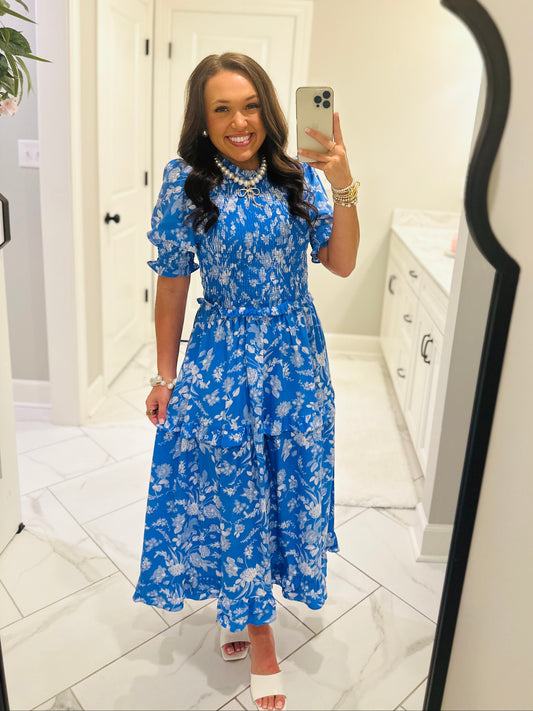 The Odella Blue Floral Smocked Midi Dress