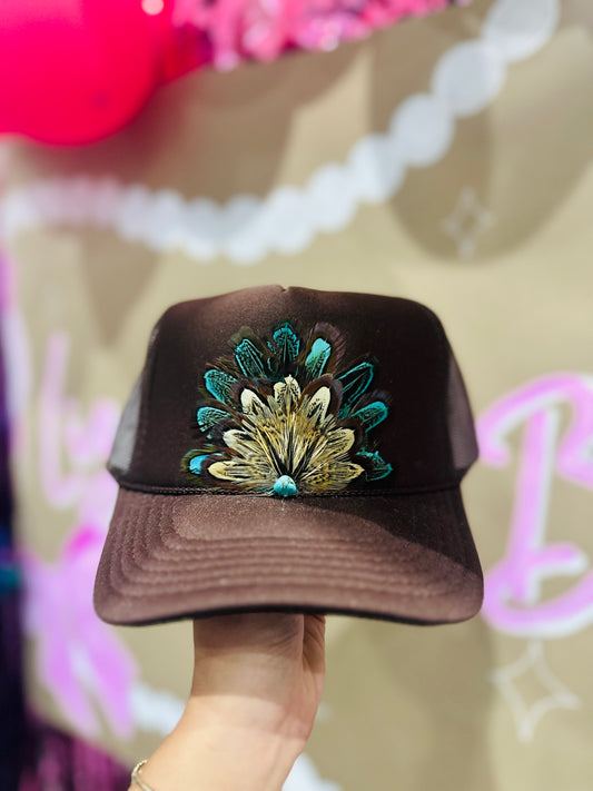 Brown Feather + Turquoise Stone Trucker Hat