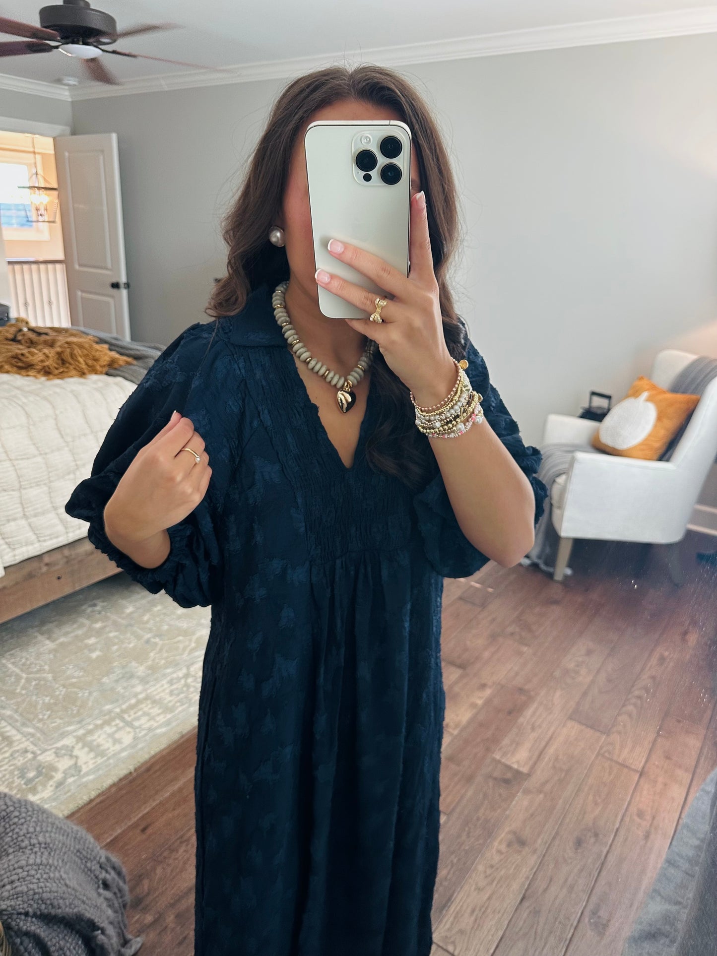 The Mina Navy Textured Midi Dress