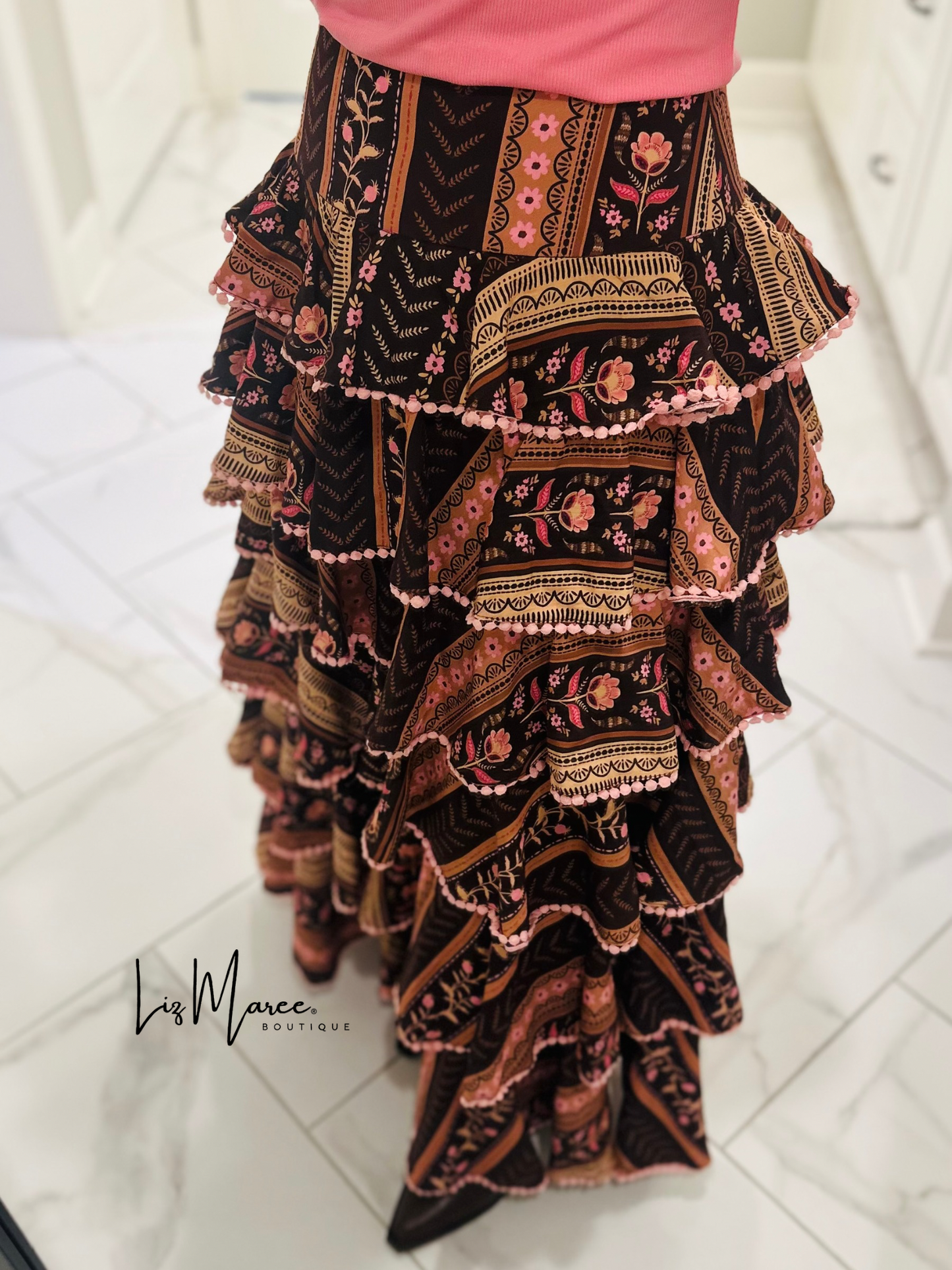 The Aubree Chocolate Brown Tiered Maxi Skirt