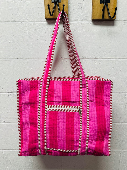 The Pink + Red Striped Quilted Tote Bag