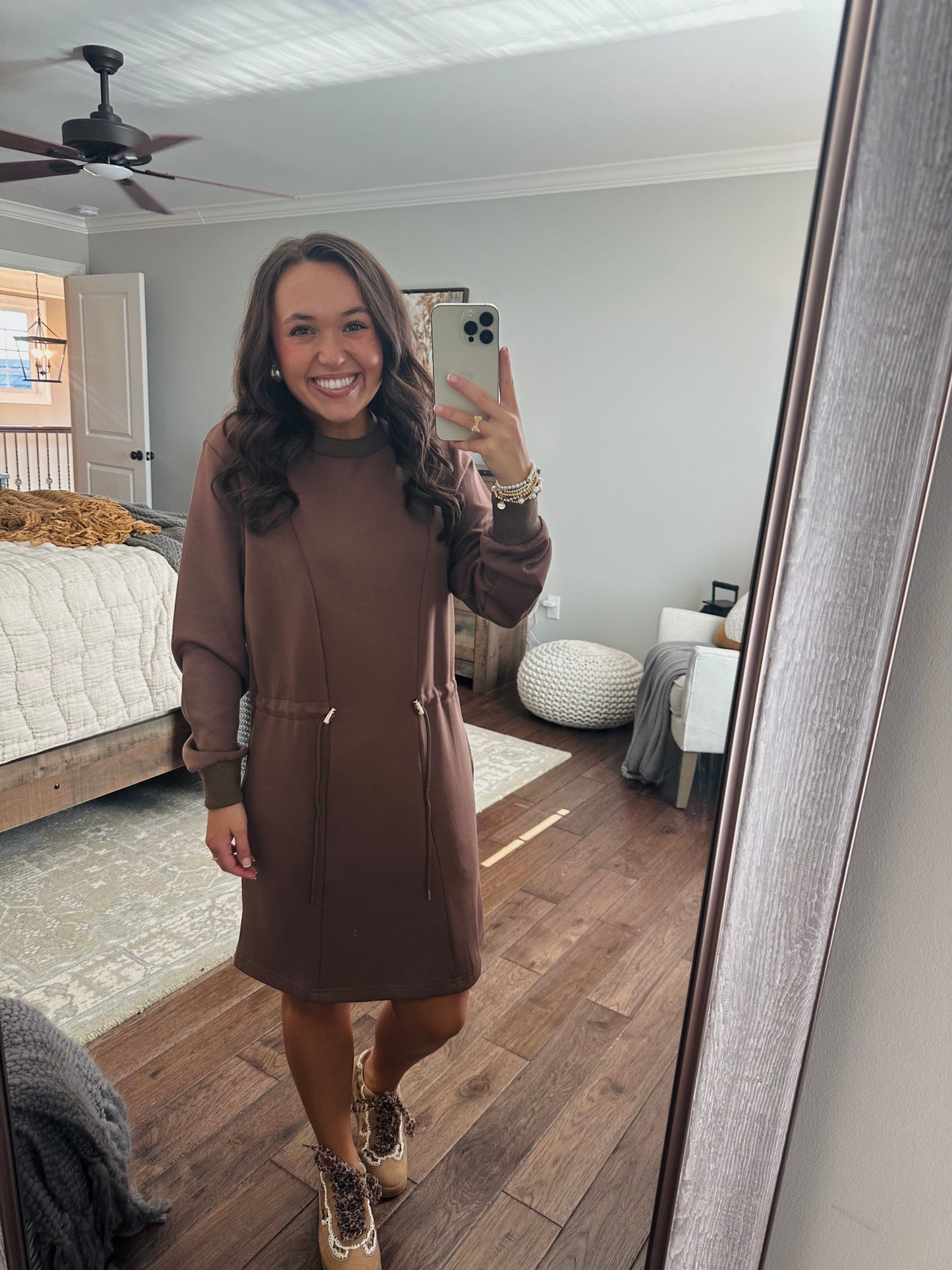 The Mocha Jersey Knit Long Sleeve Drawstring Dress