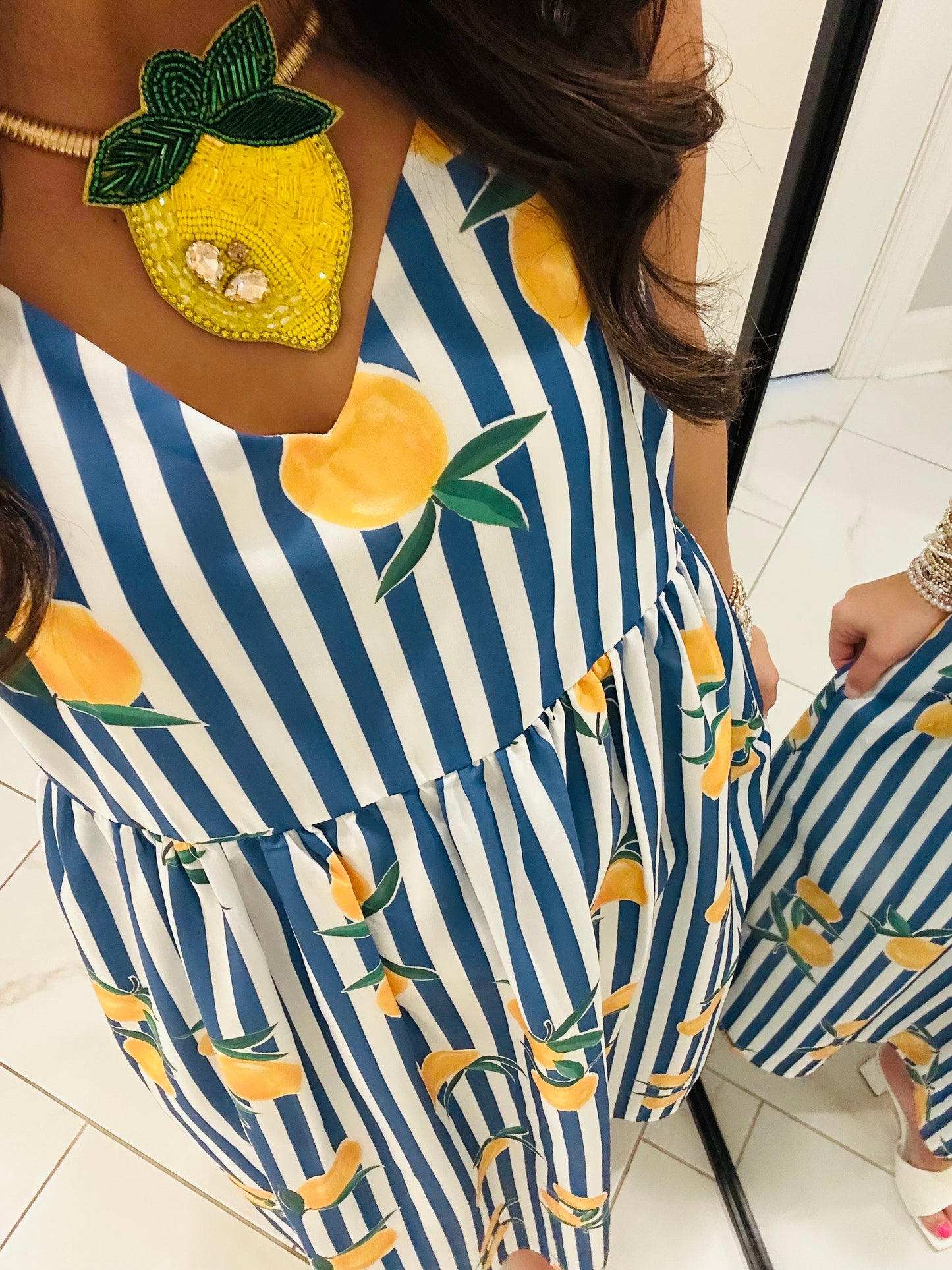 The Cass Blue Striped Lemon Midi Dress