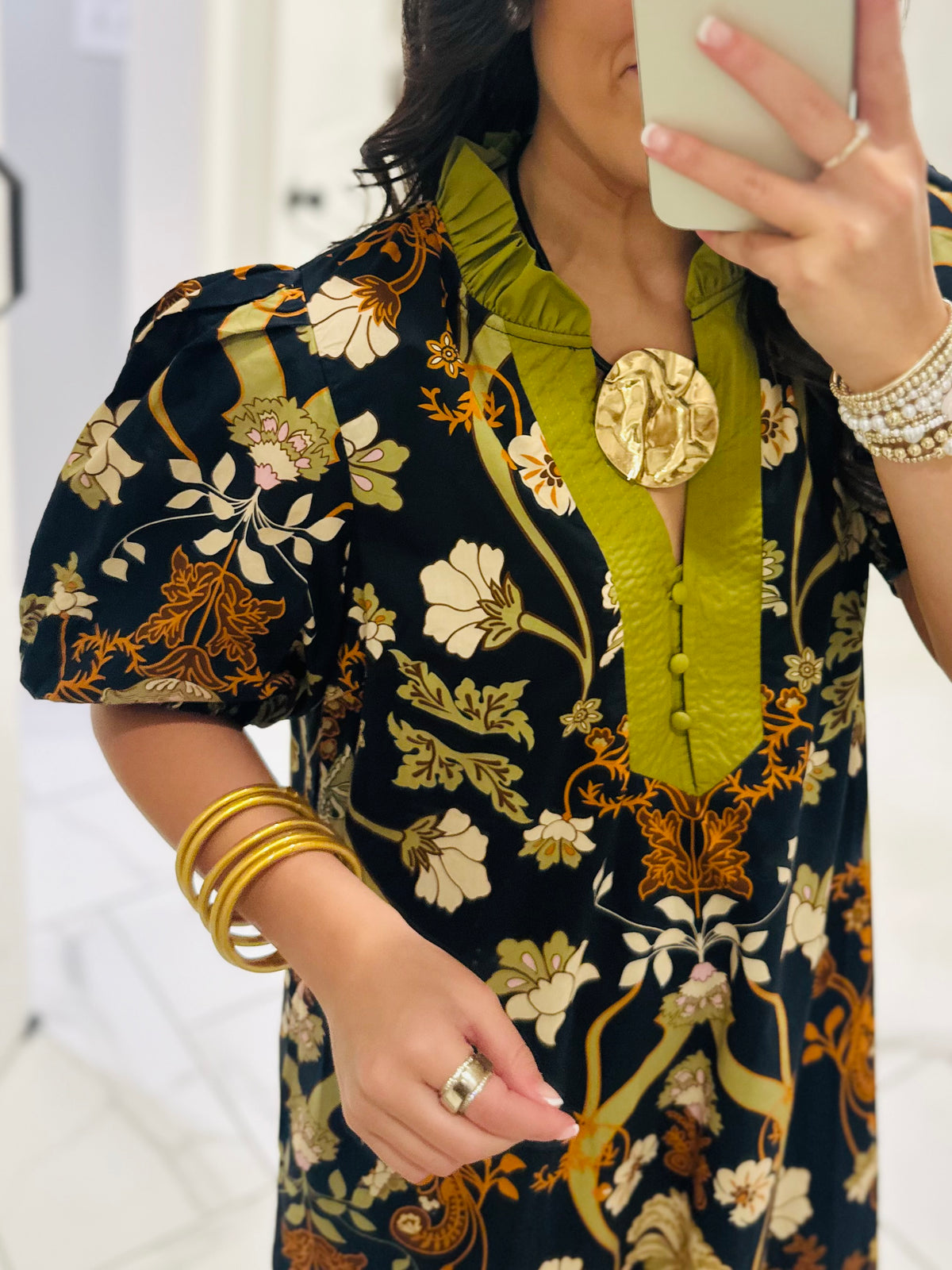 The Francesca Black + Olive Green Floral Midi Dress