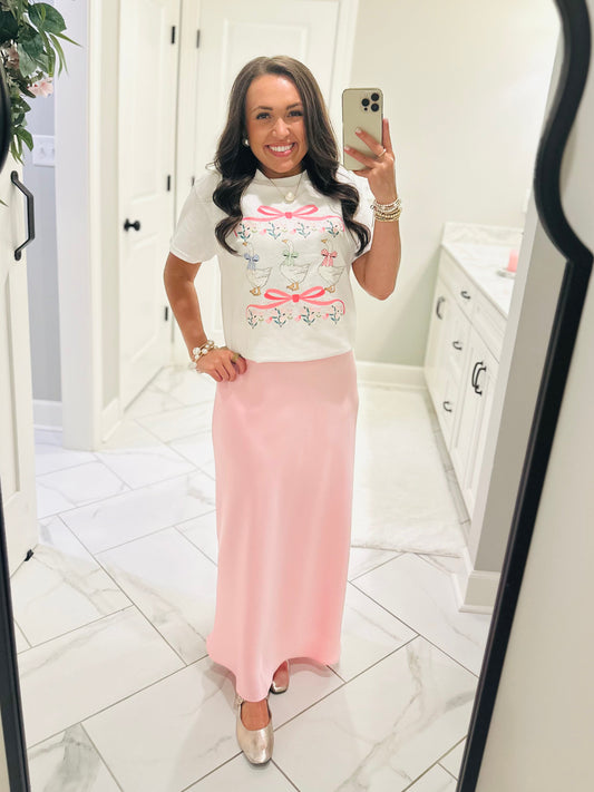 The Lila Baby Pink Satin Maxi Skirt