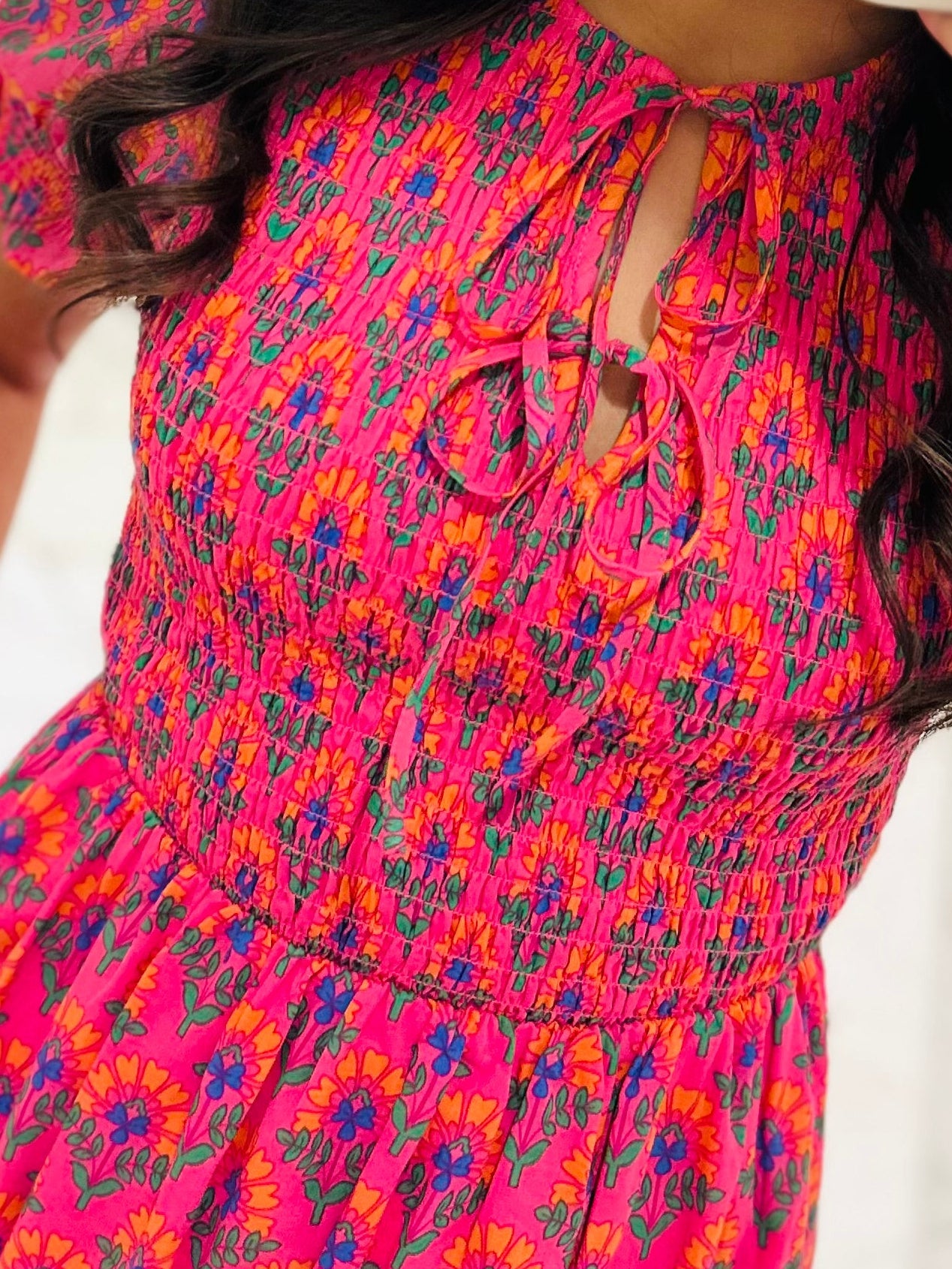 The Tamry Pink Smocked Midi Dress