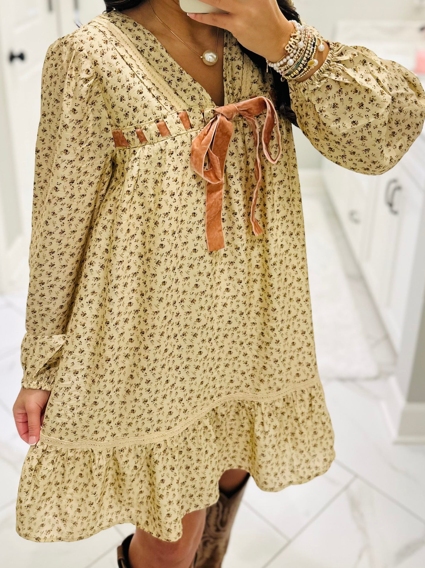 The Rhea Cream Floral Long Sleeve Bow Detail Dress