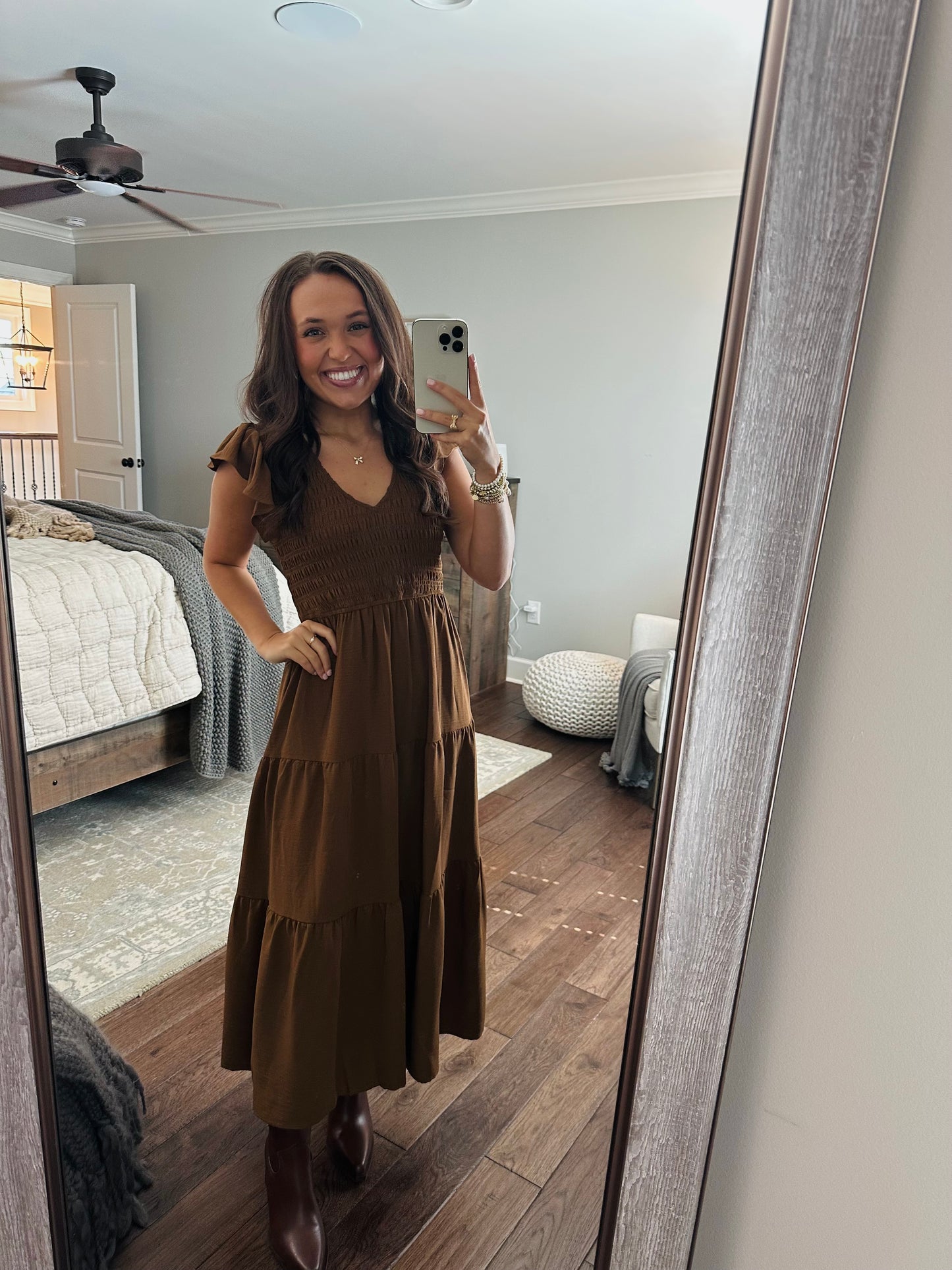 The Maple Copper Brown Flutter Sleeve Smocked Midi Dress