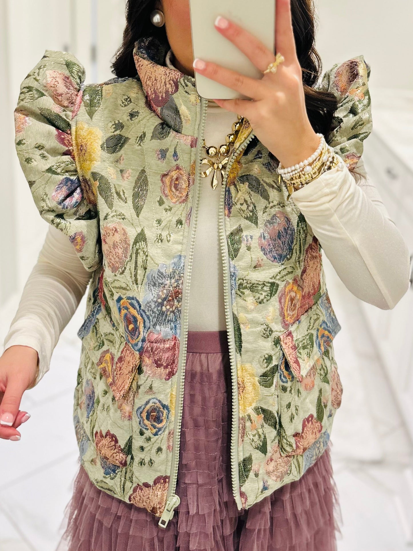 The Everlee Olive Green Floral Metallic Quilted Vest