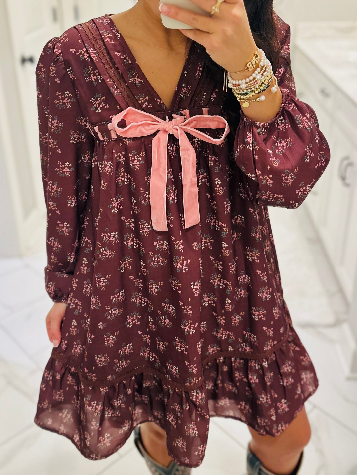 The Rhea Chocolate Brown Floral Long Sleeve Bow Detail Dress
