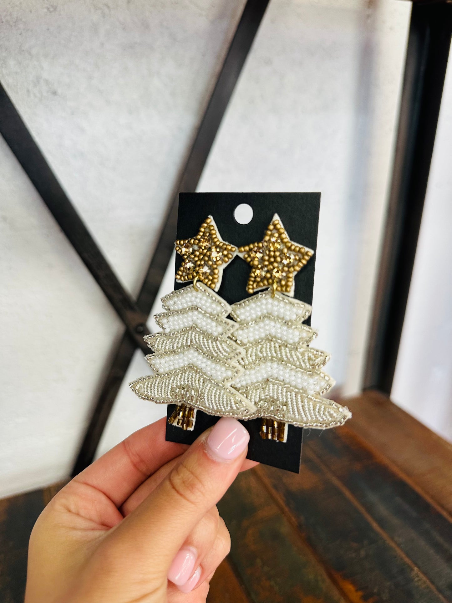 Brown + White Christmas Tree Beaded Earring