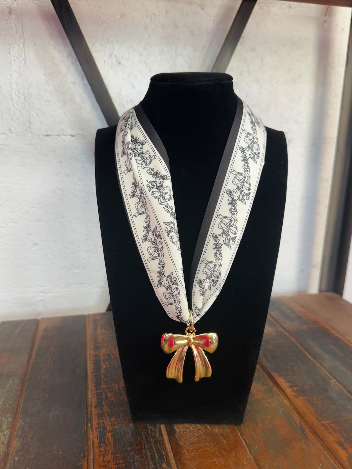 Black Bow Floral Silk Scarf + Gold Bow Pendant