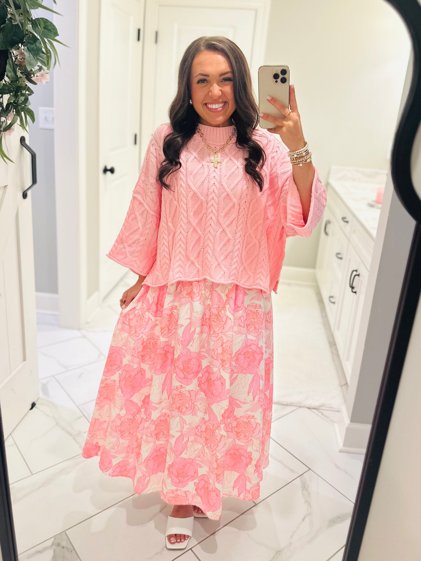 The Eliza Pink Chunky Ribbed Knit Cable Sweater