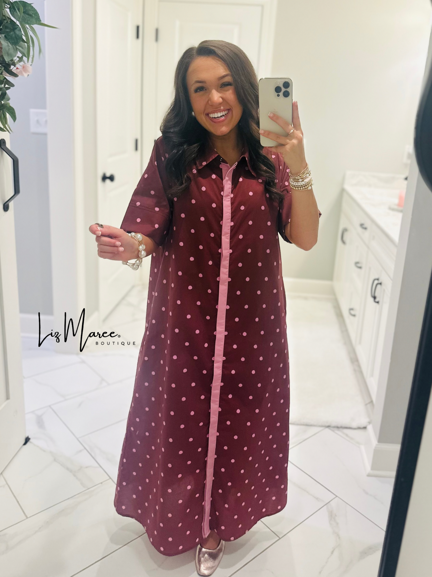 The Ruth Burgundy + Pink Polka Dot Midi Dress